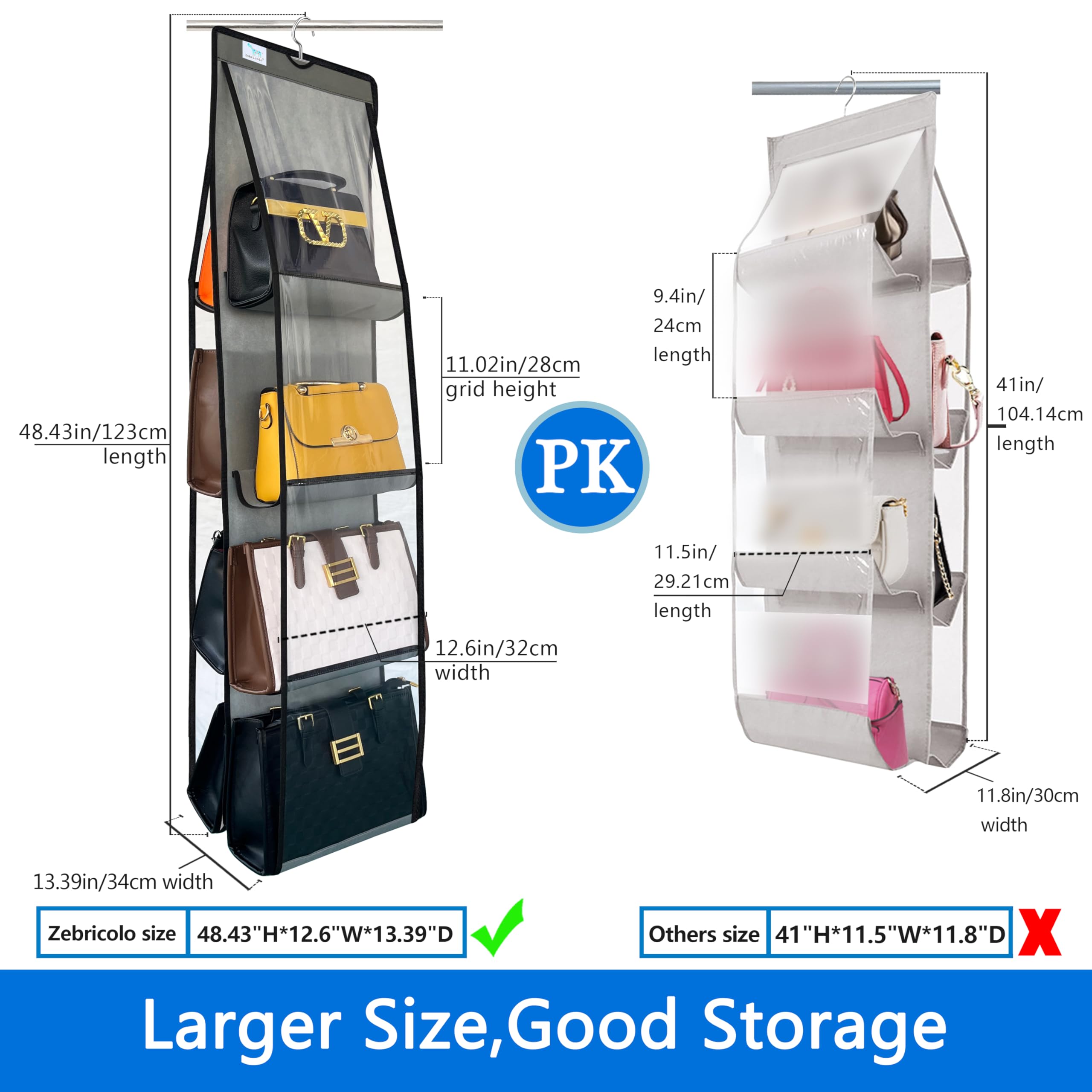 Zebricolo Purse Organizer For Closet – Heavy Duty Hooks, Clear Pockets, Space-Saving Hanging Storage, 1 Pack Grey/Black
