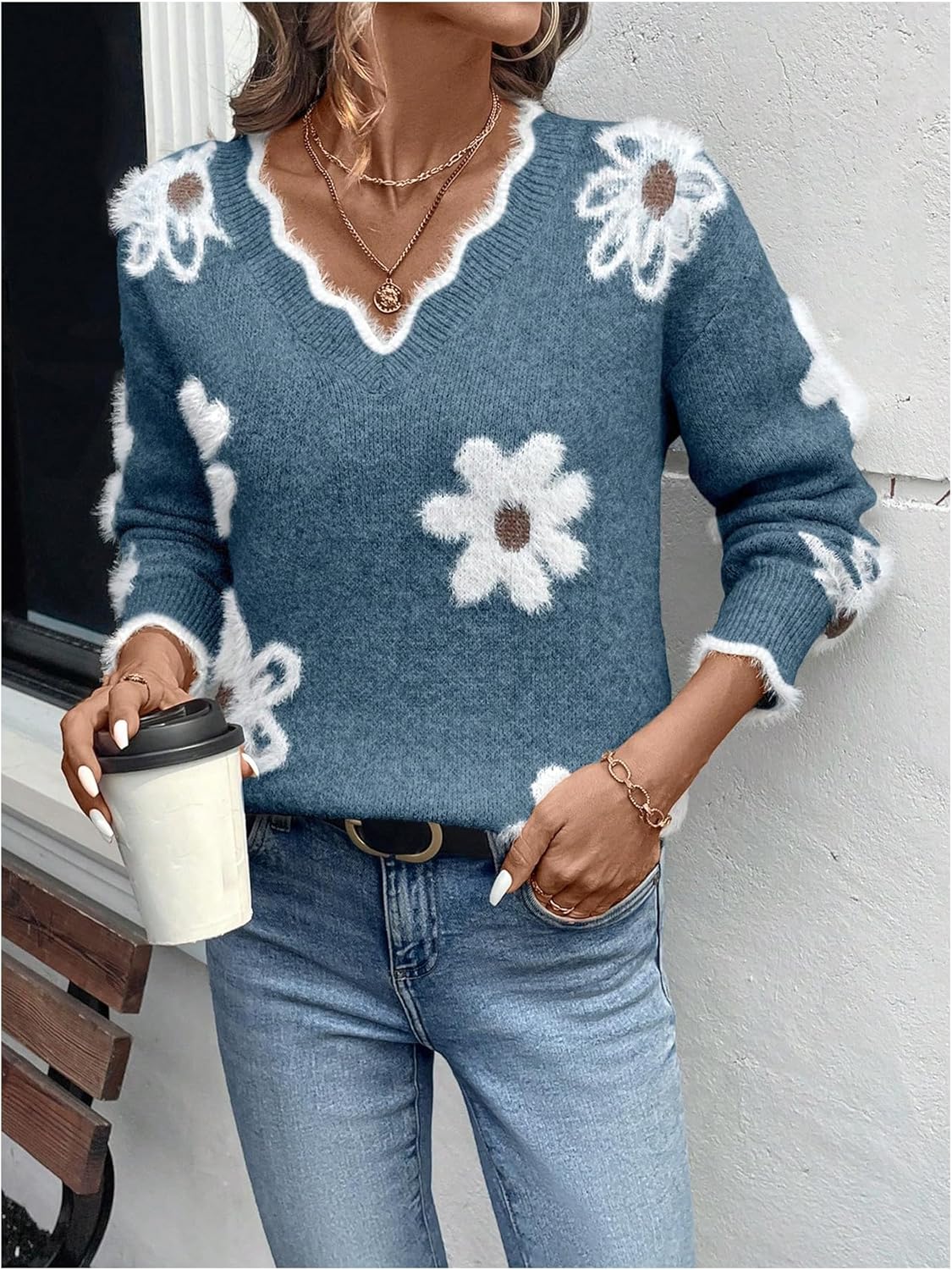 SHENHE Women's Floral Sweater V Neck Long Sleeve Drop Shoulder Knit Sweaters Pullover Tops - Image 5