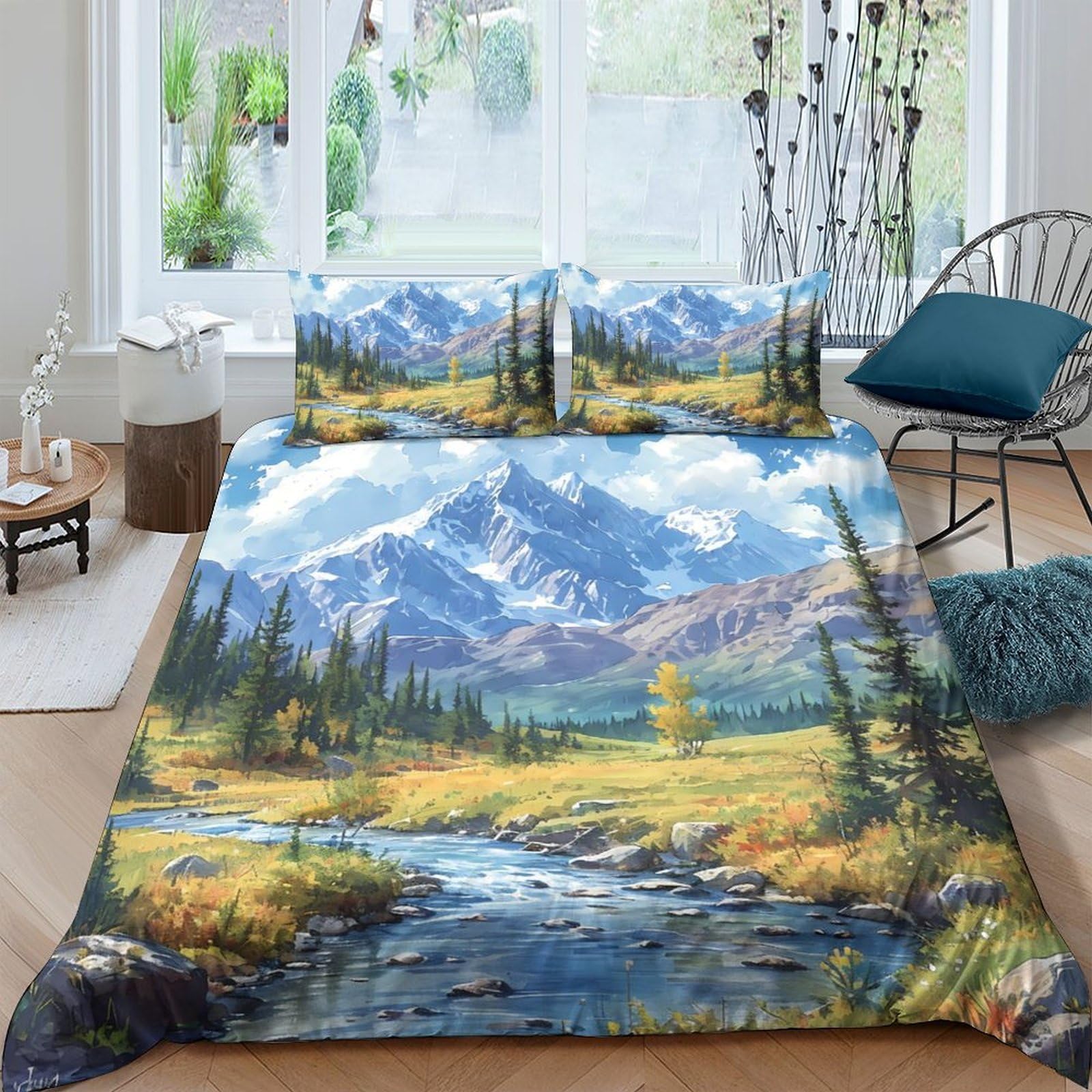 Ctjqhvkz Style-7 3D Printed Mountain Landscape Fitted Sheet Microfiber Soft Scenic River Bed Cover For Bedroom Guest Room Decor Protection Single（135X200cm）
