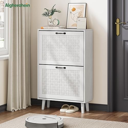 Miniatura 9 de Gabinete de almacenamiento de zapatos con 2 cajones abatibles con persianas, gabinete de almacenamiento de zapatos estrecho para entrada, gabinete