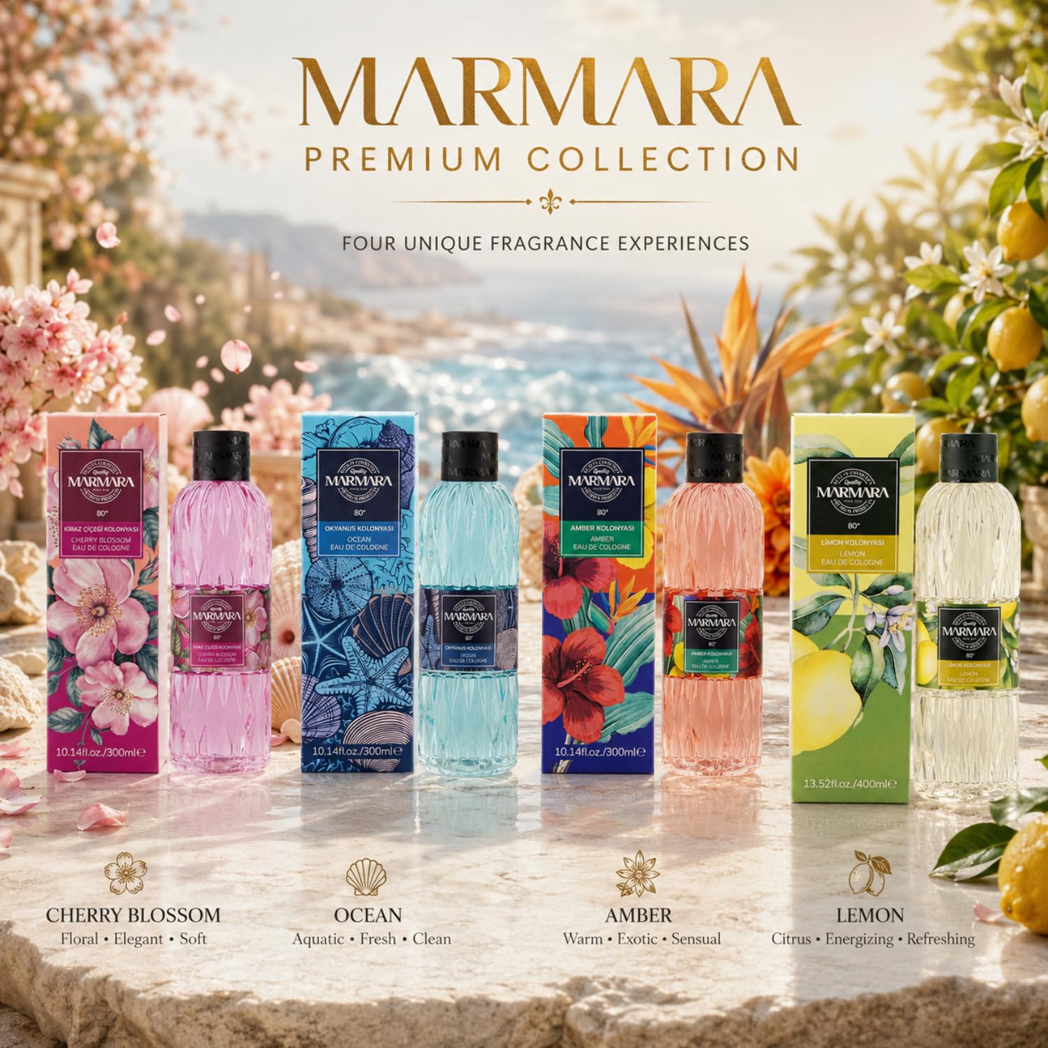 MARMARA BEAUTY Eau de Cologne Fleurs de cerisier 300 ml – Alcool 80° – Parfum rafraîchissant pour femme – Eau parfumée pour femme – Rafraîchit – Fraîcheur & Fleuri – EDC Women – Eau de Cologne