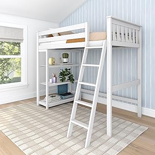 Max & Lily High Loft Bed, Twin Bed Frame For Kids With Bookcase, White