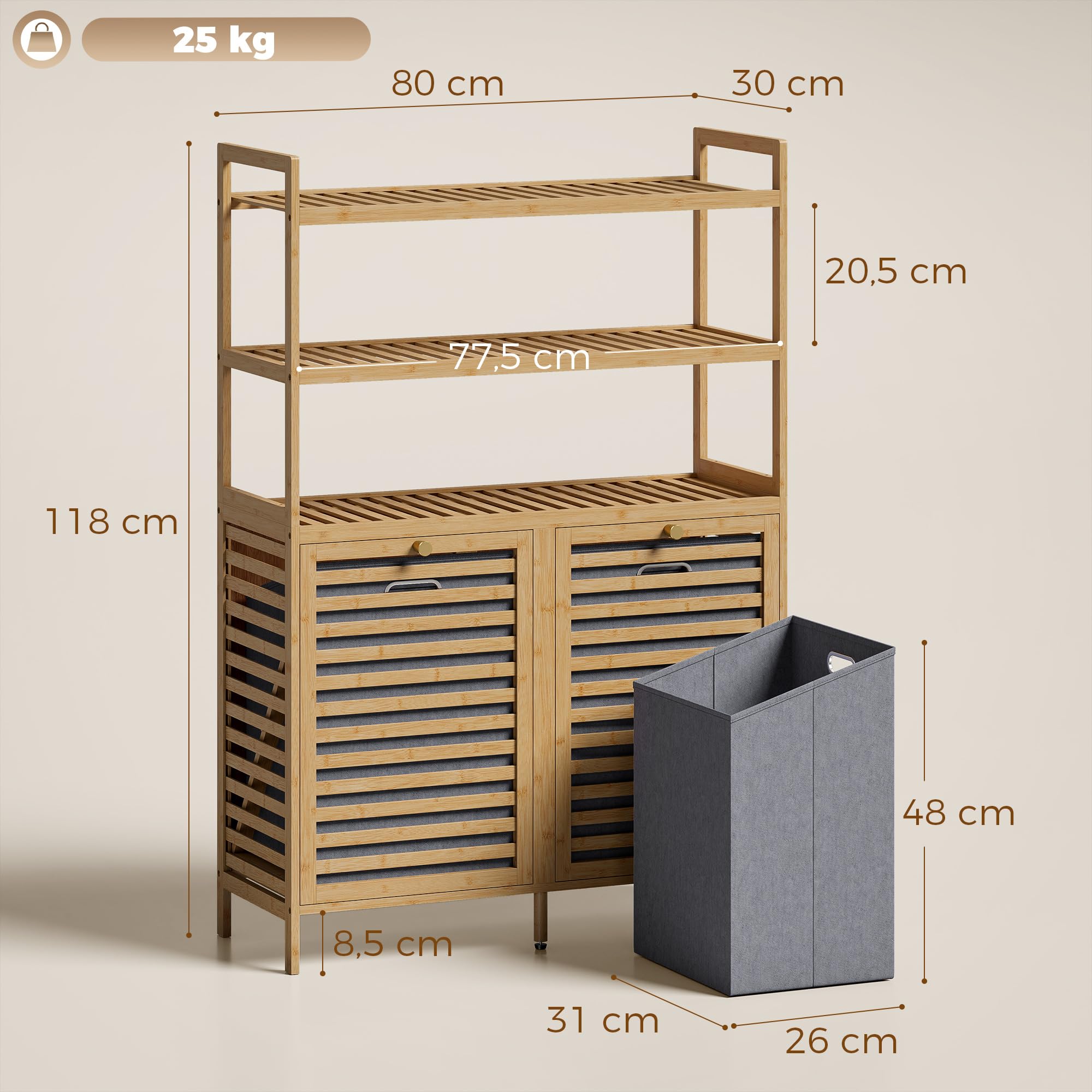 HOMCOM Mueble Ropa Sucia de Bambú, 2 en 1, Mueble de Baño con 2 Cestos para Ropa Sucia Inclinables 38,7 L y 3 Estantes, para Cocina, Salón, 80x30x118 cm, Roble