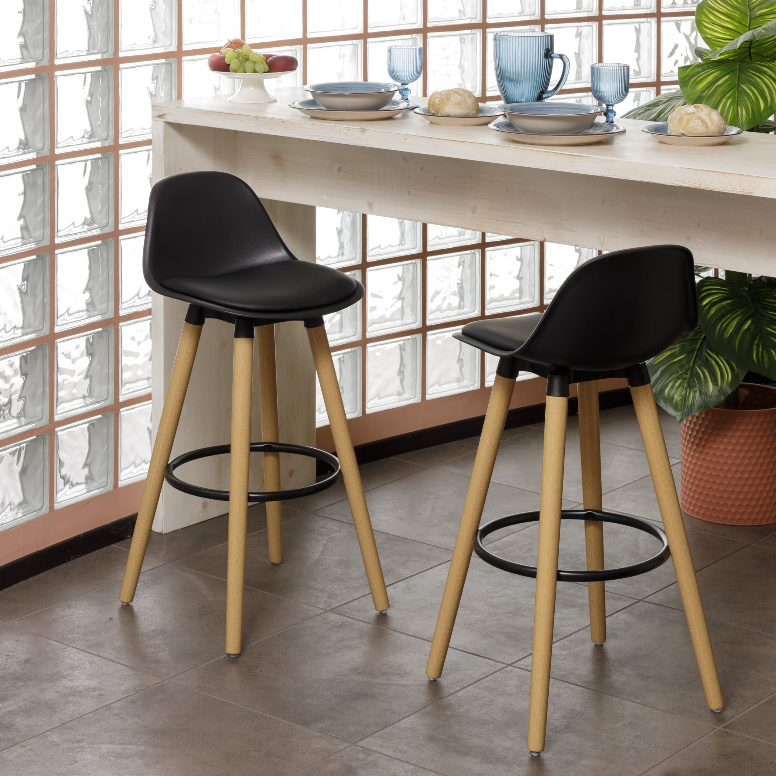 Baroni Home Juego de 2 taburetes con Respaldo y cojín, reposapiés – Diseño Moderno, Taburetes Altos de PU y Madera de Acero para casa y Restaurante, 40x42x92 cm, Negro, 2 Unidades