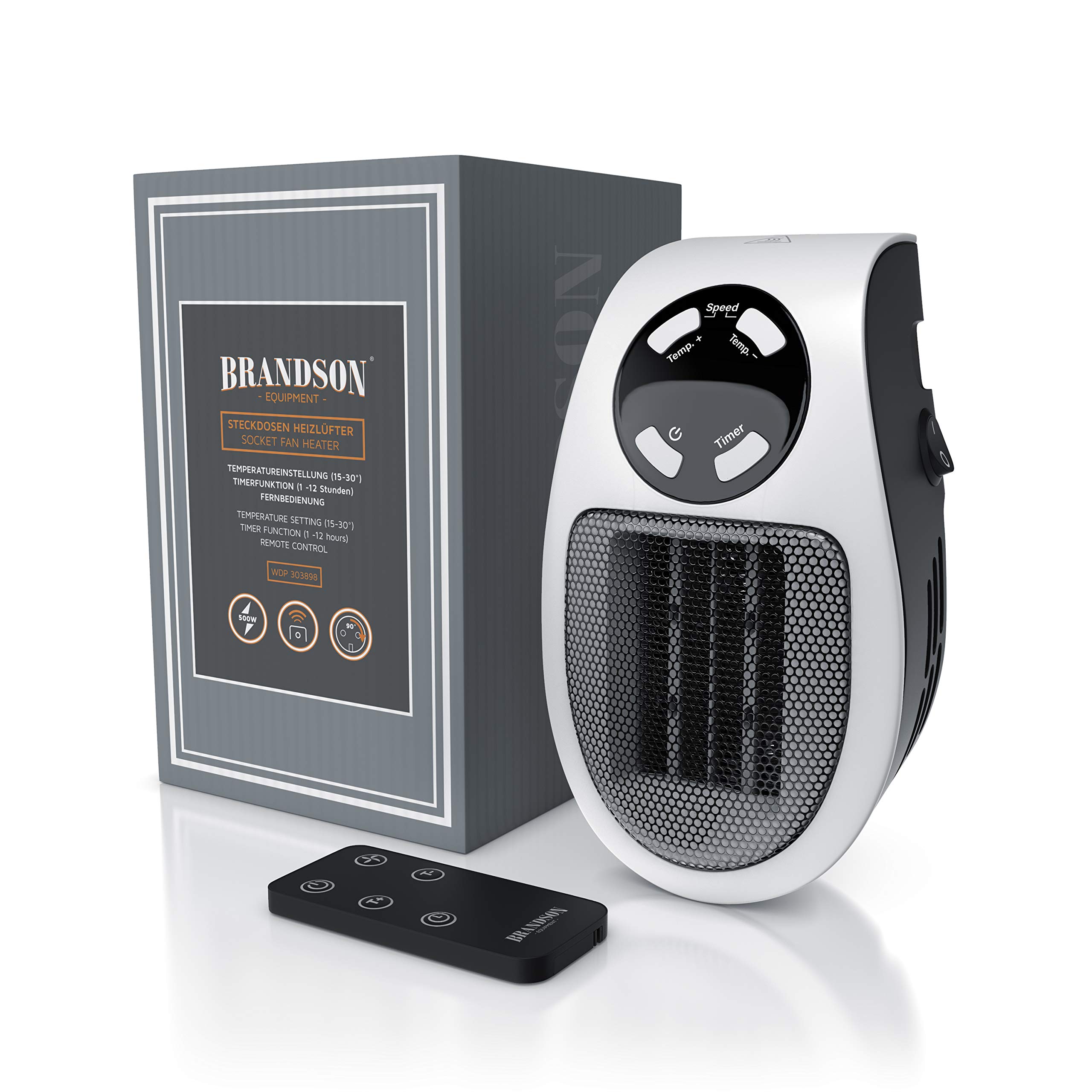 Brandson - Mini chauffage soufflant céramique 500W - Mini radiateur soufflant avec télécommande - Minuterie 1 à 12h - Thermostat 15° à 30° - fiche électrique pivotante à 90° - salle de bain, bureau