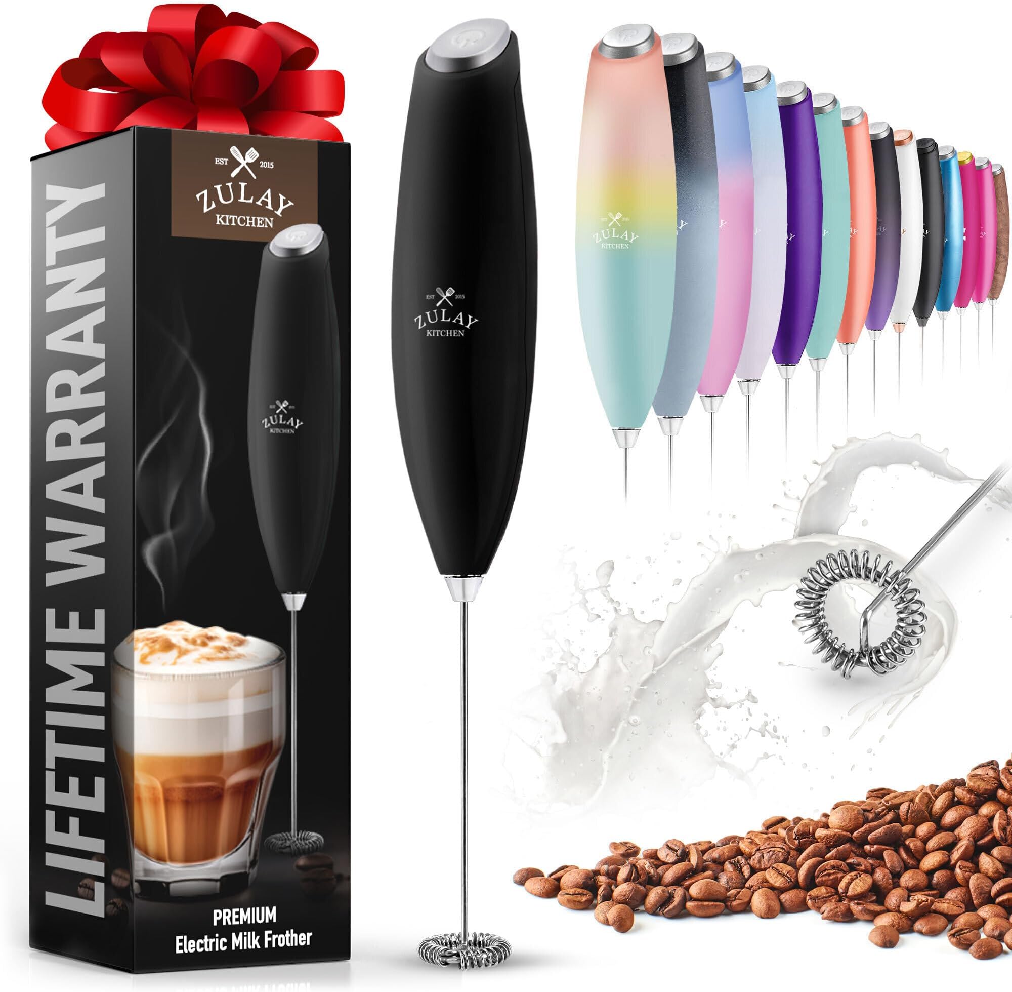 Zulay Kitchen Milk Frother Wand Drink Mixer - Durable, Proprietary Z Motor Max - Handheld Frother Electric Whisk, Milk Foamer, Mini Blender and Electric Mixer Coffee Frother for Matcha - Black