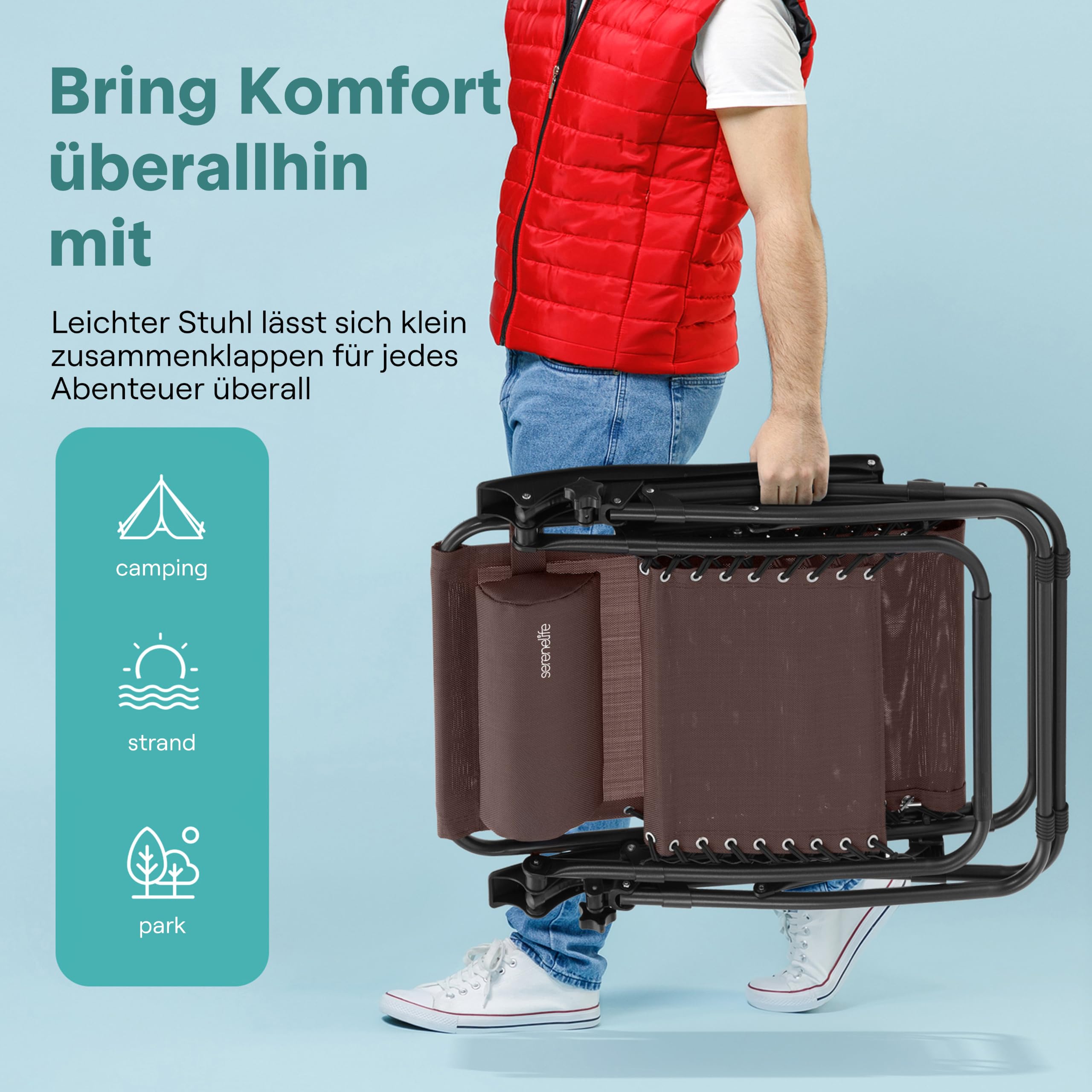 SereneLife Sonnenliege Klappbar 2er Set, Zero Gravity Liegestuhl Garten, bis 120 kg Braun, Verstellbar und Wetterfest, mit Tisch Getränkehalter und Kopfkissen, für Balkon Terrasse Camping Strand Relax
