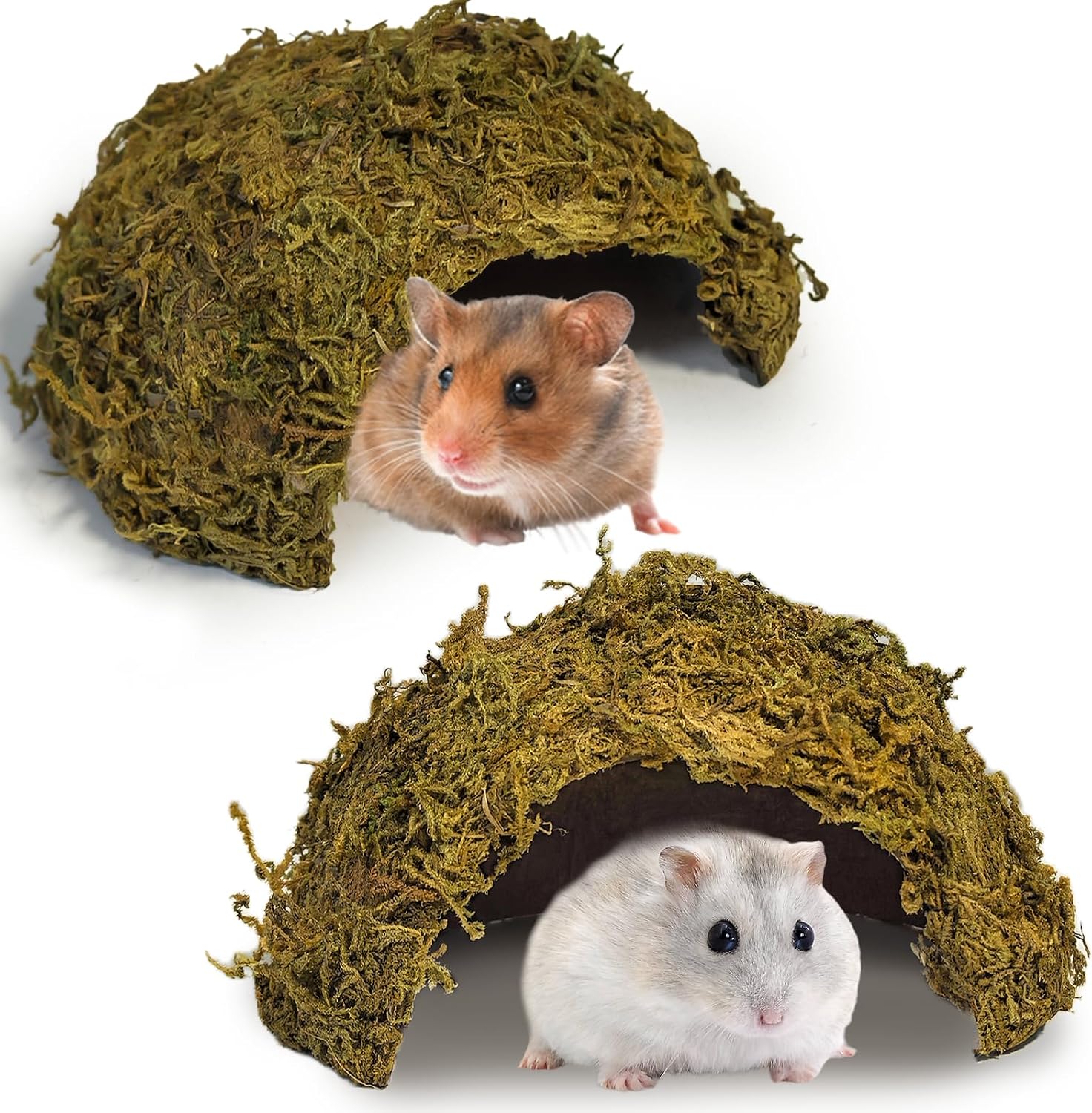 kathson 2Pcs Hamster Hideout House,Natural Mossy Coconut Hut Hides Hideaway | Pet Hiding House, Small Animal Cage Accessories for Mouse Mice Rat Gerbil Reptiles