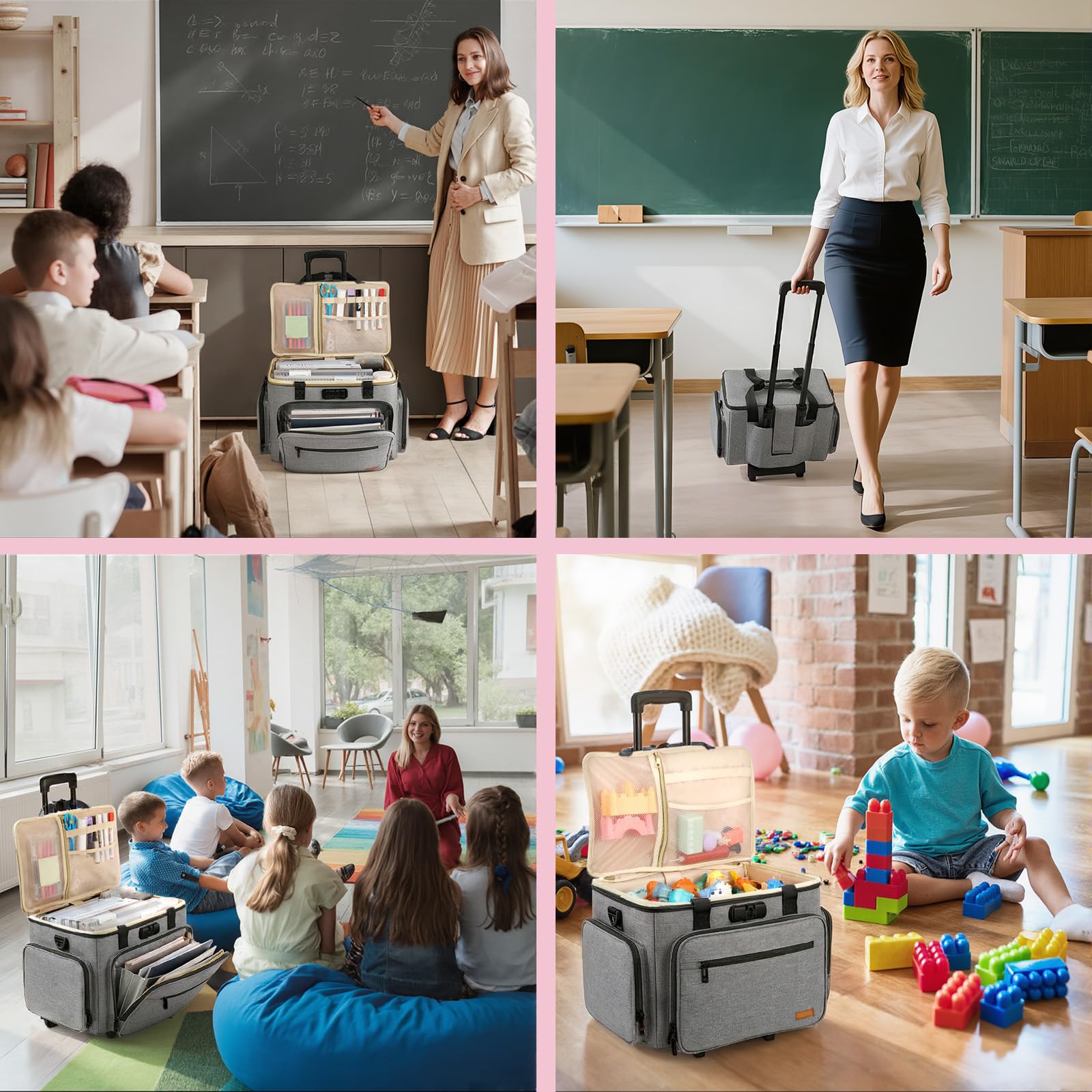 Housolution Rollende Lehrertasche mit Rädern, Lehrertasche mit abnehmbarem Trolley, Laptop-Arbeitskoffer auf Rädern, Aktenkoffer mit Akkordeonordner, passend für 15,6" Laptop, Grau