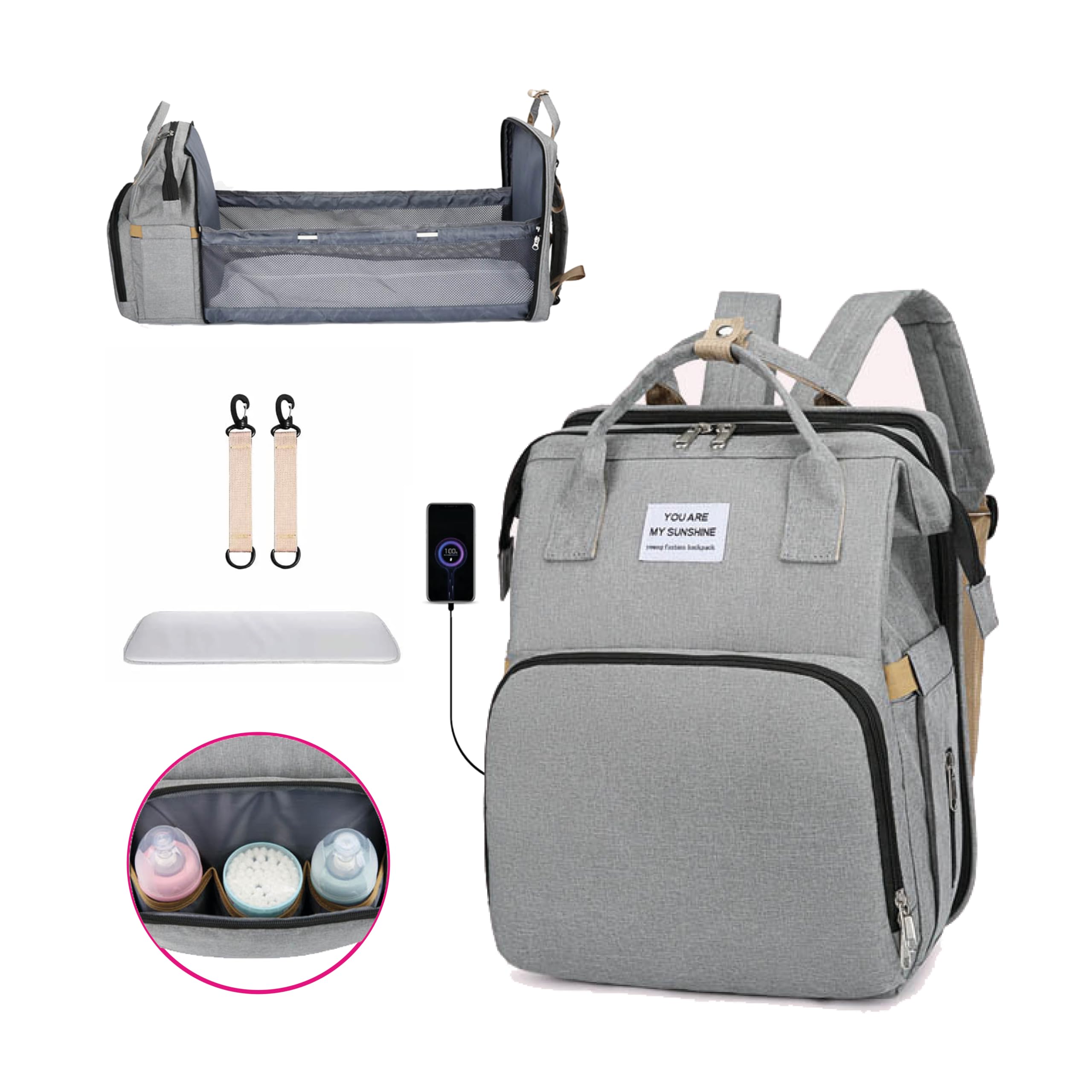 DN Productos, Mochila multifuncional para pañales y el alamacenaje de todo lo necesario para tu bebé con ganchos para el carro y cuna cambiador para tu comodidad y la de tu bebe.