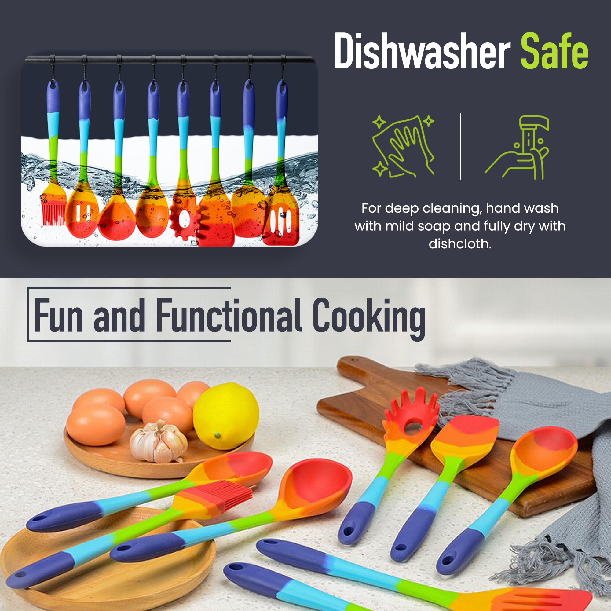 Rainbow - Juego de espátulas de silicona para cocinar y hornear, multicolor, 8 piezas resistentes al calor, utensilios de cocina antiadherentes, espátula flexible, cuchara, espátula, cepillo, seguro