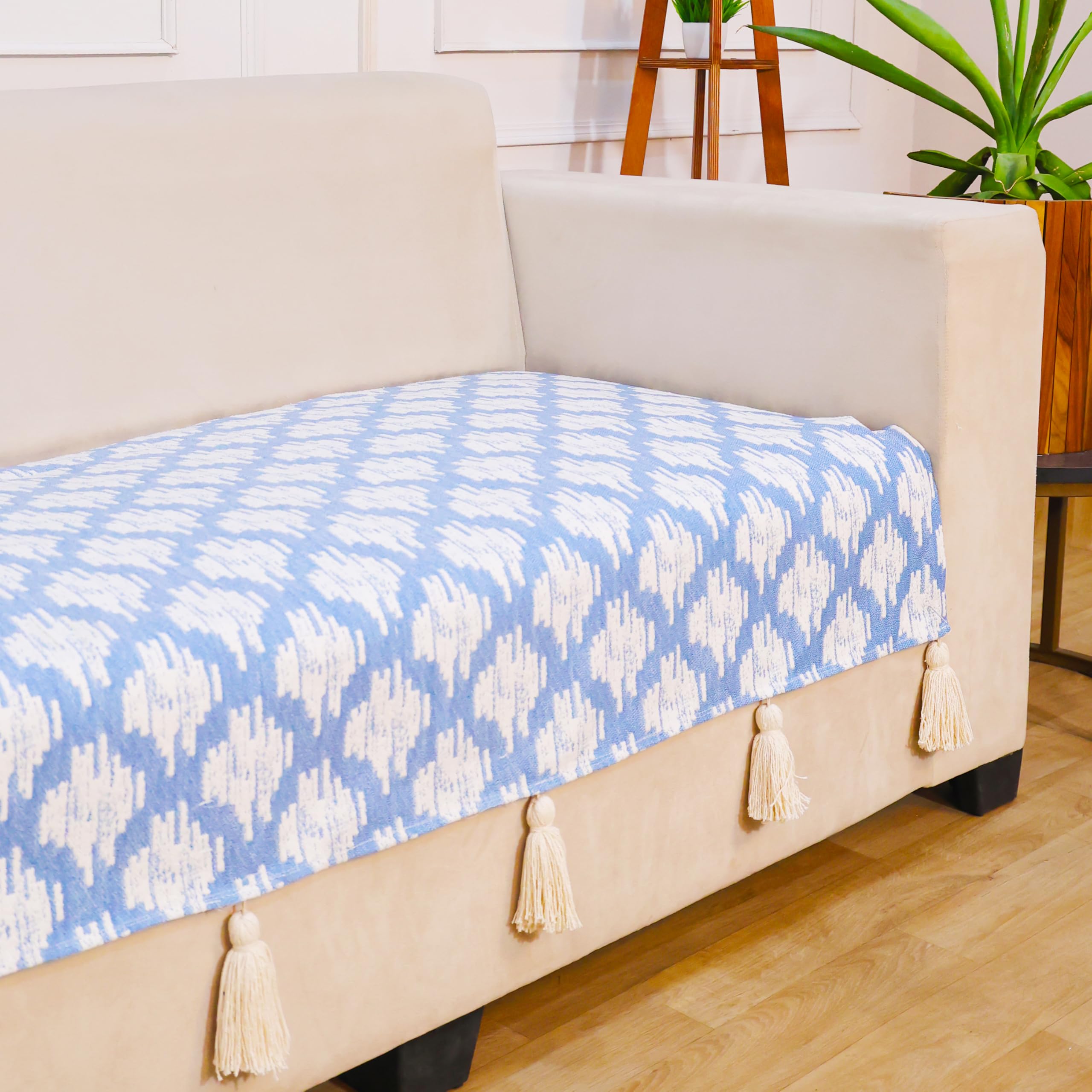 STITCHNEST 'Verdant Ikat Stories' 2 Seater Sofa Cover| Elegant Jacquard Fabric, Decorative Tassels, Washable & Durable for Modern Living