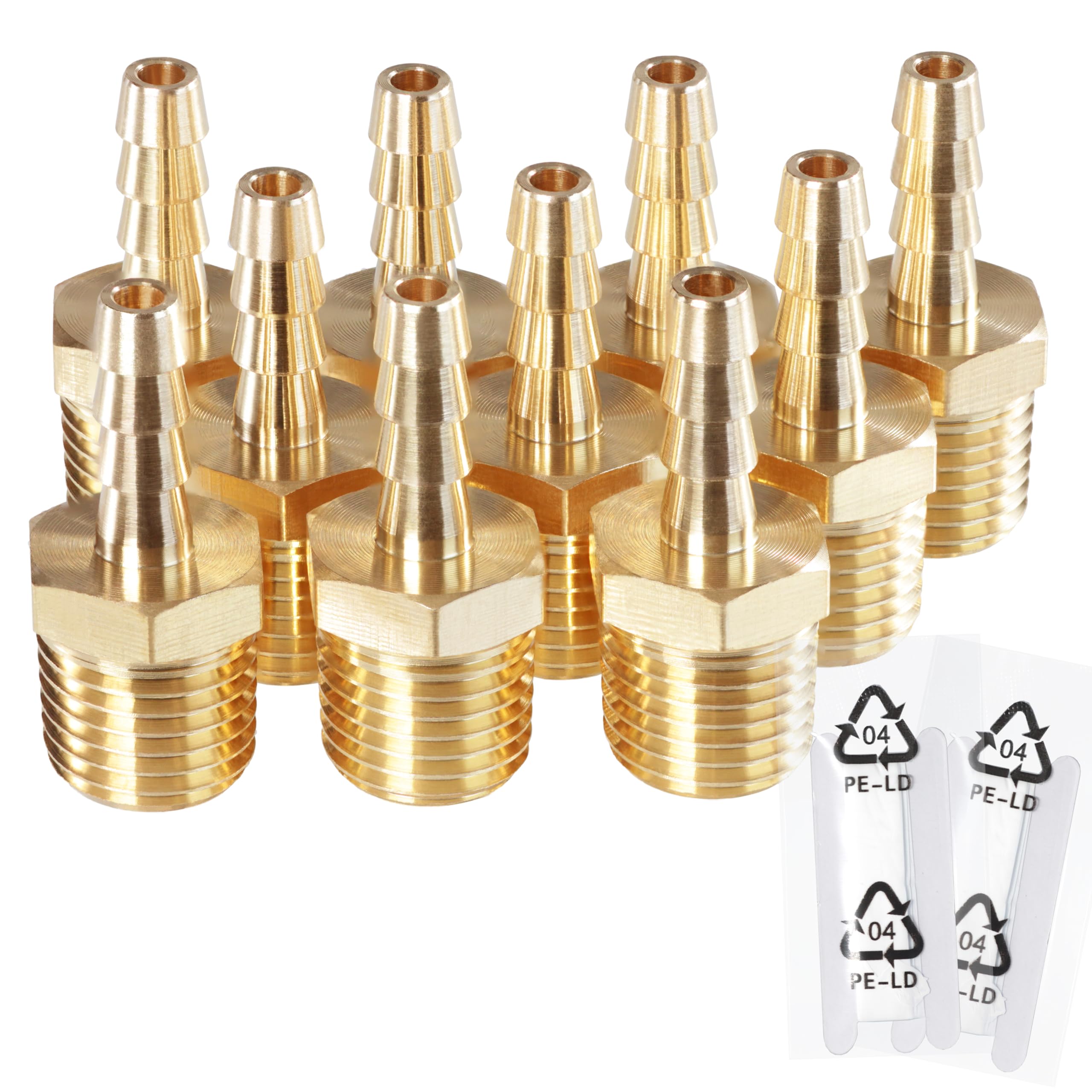 MSAEIQUN Brass Hose Barb Fittings，1/4 NPT to 3/16 inch Barb Fitting, Brass Metals Adapter Connector 10 PCS ，Ideal for Air, Fuel, Gas (3/16" Barb x 1/4