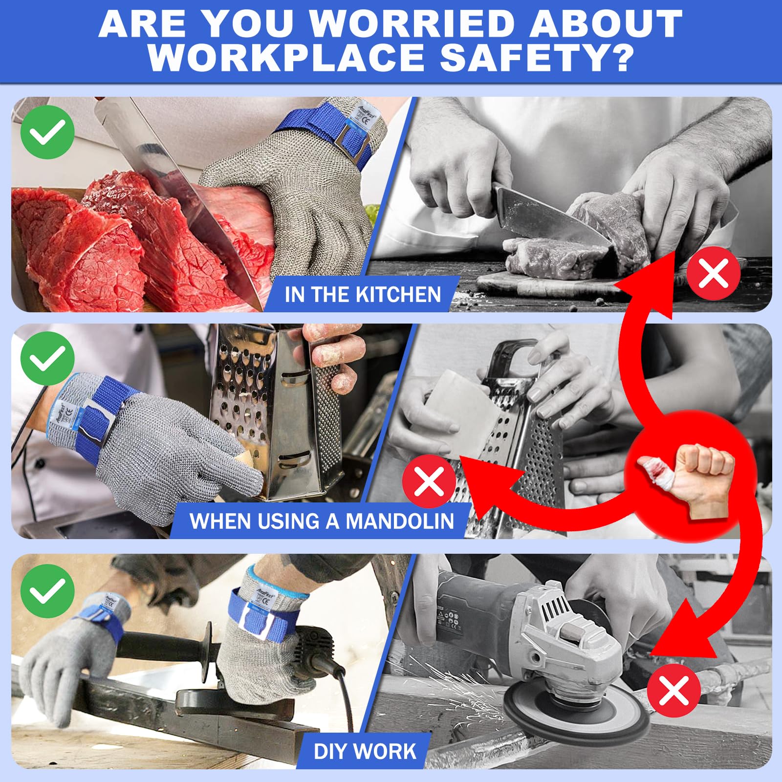 AmzFirst 1 Pack Level 9 Cut Resistant Gloves, Food Grade for Stainless Steel Mesh Metal Glove, Kitchen Cooking Gloves for Women and Men, for Butcher Meat Cutting Oyster Shucking, Size: 8/Medium