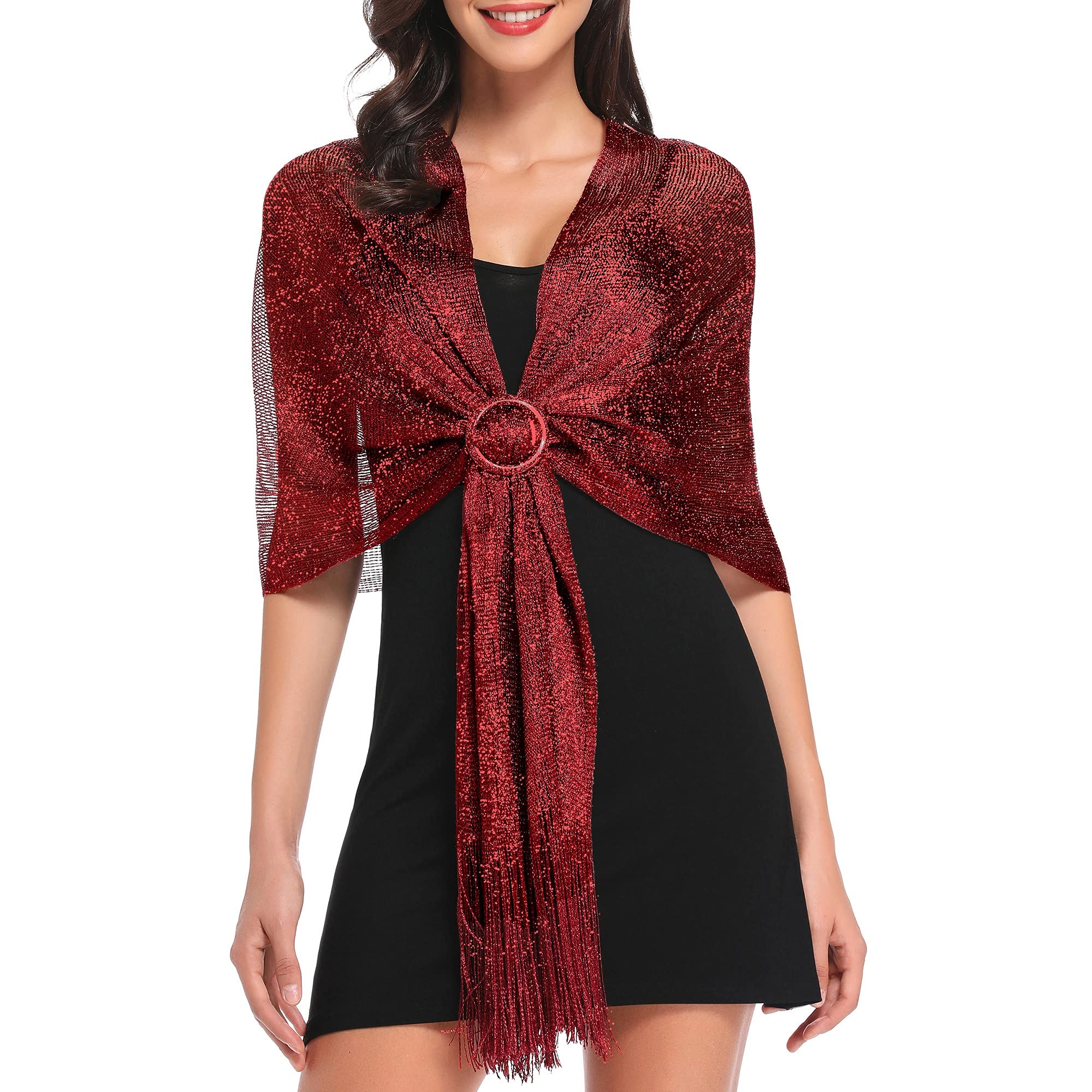 vimate Shawls and Wraps for Women, Burgundy Sparkling Metallic Evening Scarfs Shawls and Wraps for Party Dresses（UK-Burgundy）