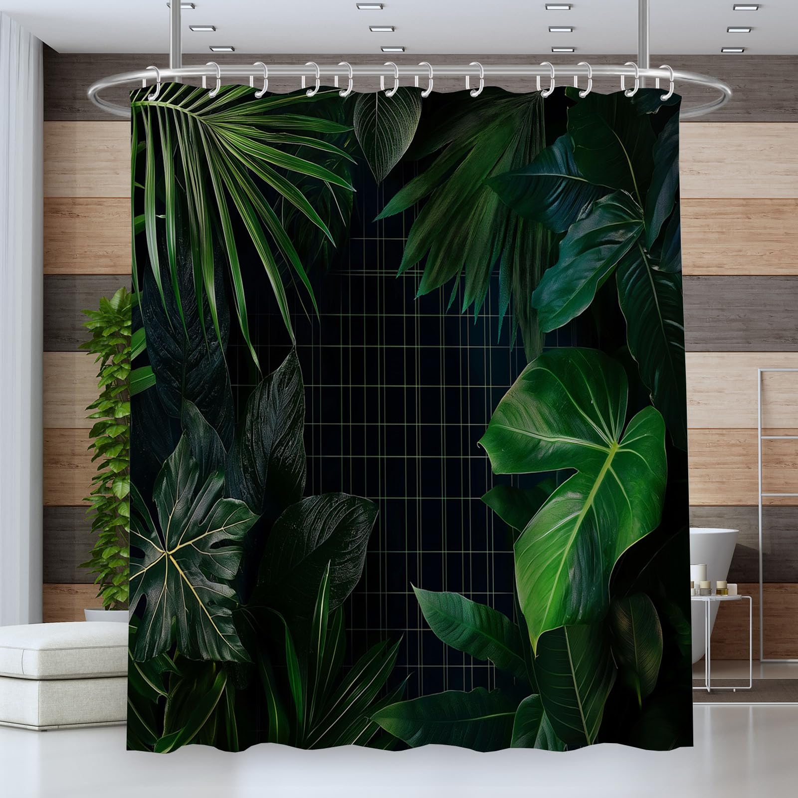 Cortina de Ducha con impresión Digital de Tropical Plantas Cortina de Baño con Cuadrícula Hojas,240x200cm Impermeable Cortinas de Ducha con 12 Ganchos Tela de poliéster para baño