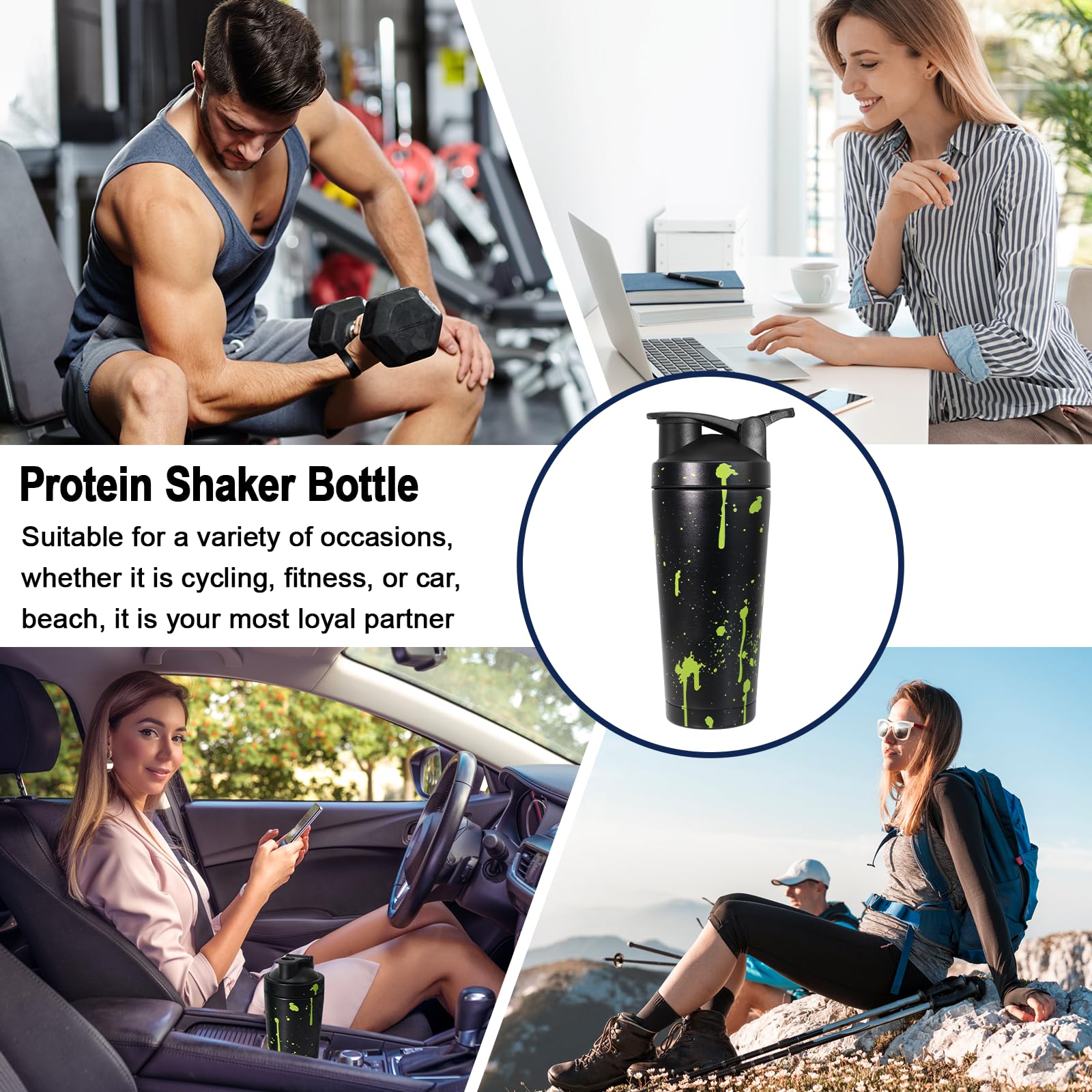 750ml Shaker Proteine, Shaker Proteine Inox, avec Boule en Spirale, sans BPA, étanche, Facile à Nettoyer, inoxydable Protéines Bottle de protéines, Bottle de protéines Conservation de la chaleu - Noir