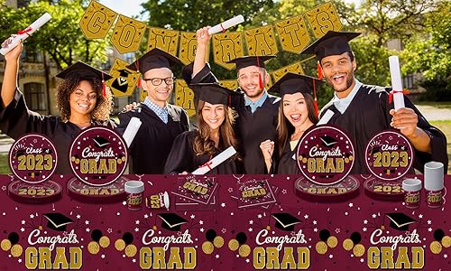 Miniatura 9 de ATFUNSHOP Suministros de fiesta de decoración de graduación 2023 para 50 platos de papel desechables de 10 y 7 pulgadas, servilletas y mantel de