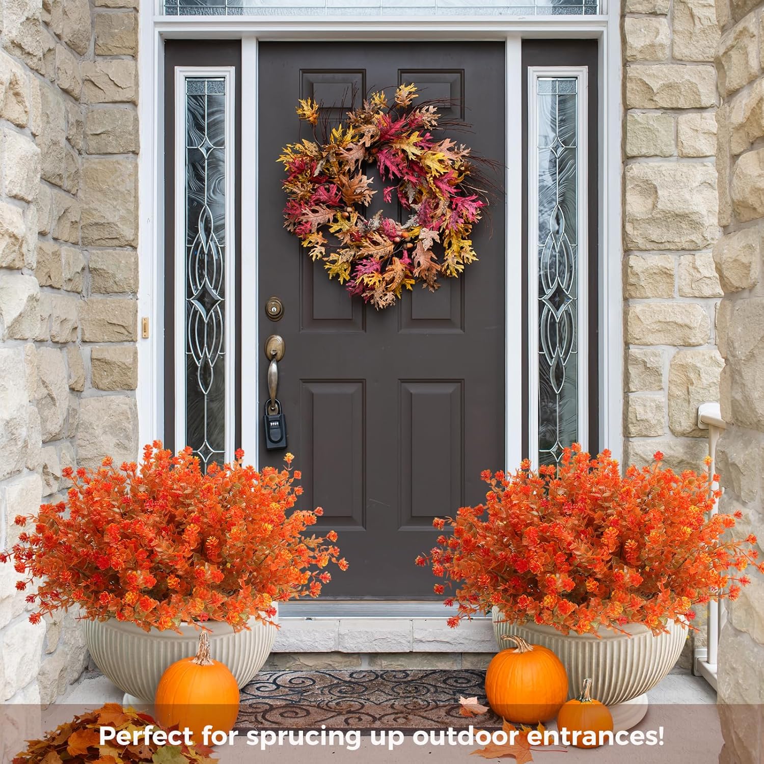 Artificial Mums for Outdoors，16 Bundles Artificial Flowers for Outside Look Real UV Resistant Faux Flowers Plants for Planter Front Door Home Indoor Porch and Indoor (Fall Orange Red)