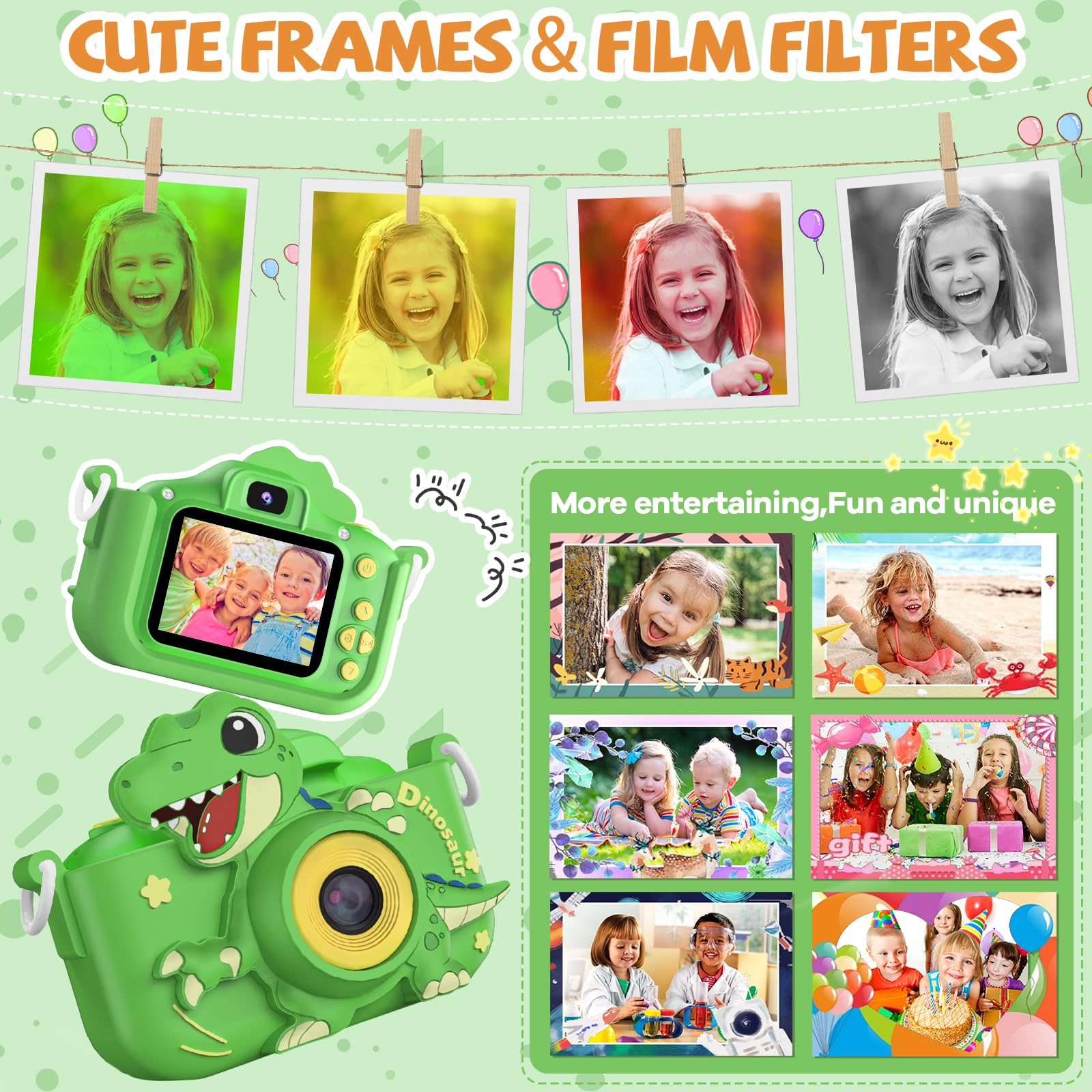 Kinderkamera, 1080P Kinder Kamera Dinosaurier Spielzeug, 2,0" Bildschirm Fotoapparat Digitalkamera Spielzeug Geschenk für Jungen Mädchen 3 4 5 6 7 8 9 10 Jahre, 32 GB SD-Karte und Silikonhülle (Grün)