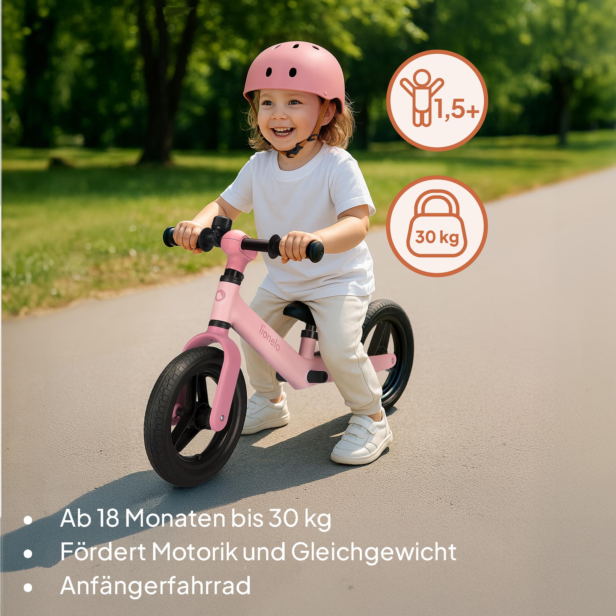 Lionelo Toni Kinder-Laufrad von 18 Monaten bis 30 kg, PU-Gummi-Räder 25 cm, Fußstütze, Korb, Verstellbarer Sitz und Lenker, Rutschfester Griff, leicht 2,3 kg, Klingel
