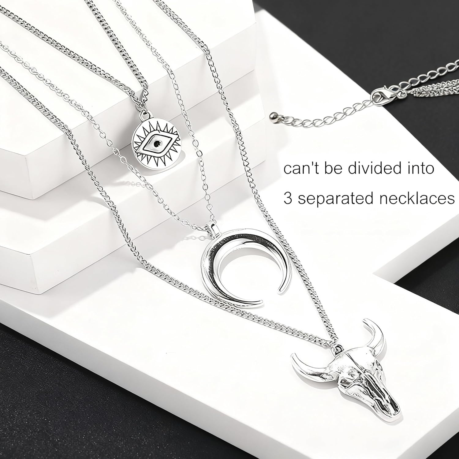 Boho Layered Necklace for Women Western Silver Cowgirl Necklace Evil Eye Moon Bull Head Chain Western Jewelry Accessories - Image 3