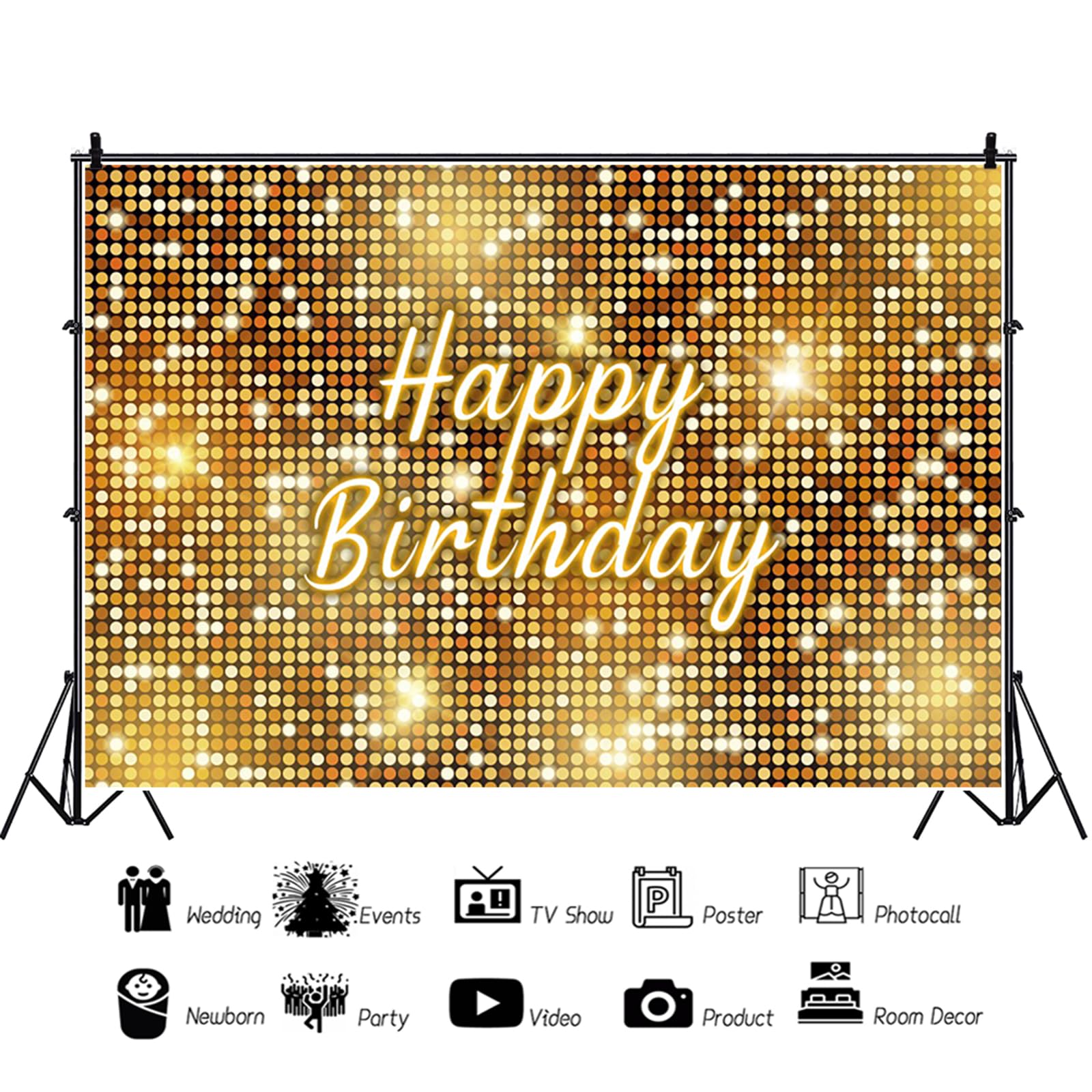 Telón de Fondo de Cumpleaños 3.6x2.5m, Brillar Oro Feliz Cumpleaños Firmar DIY Fotografía Fondo para Niña Mujer 1º 13º 30º Cumpleaños Fiesta Mesa de Tartas Decor Estandarte Utilería de Estudio