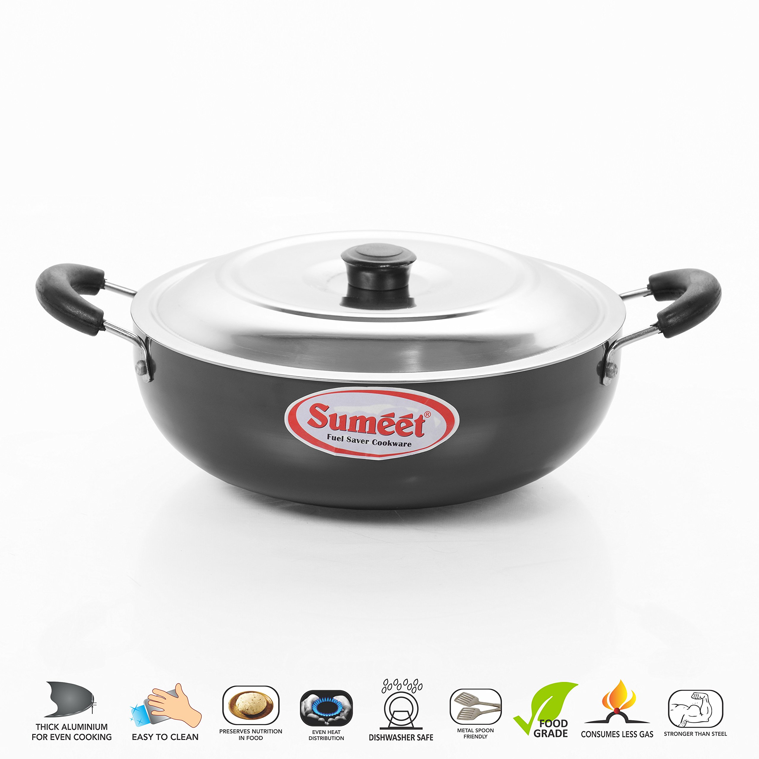 Sumeet 3Mm Hardanodised Deep Kadhai With S.S. Lid. No. - 14 26.5Cm Dia. 3 Ltr Capacity,Black - Image 2 thumbnail