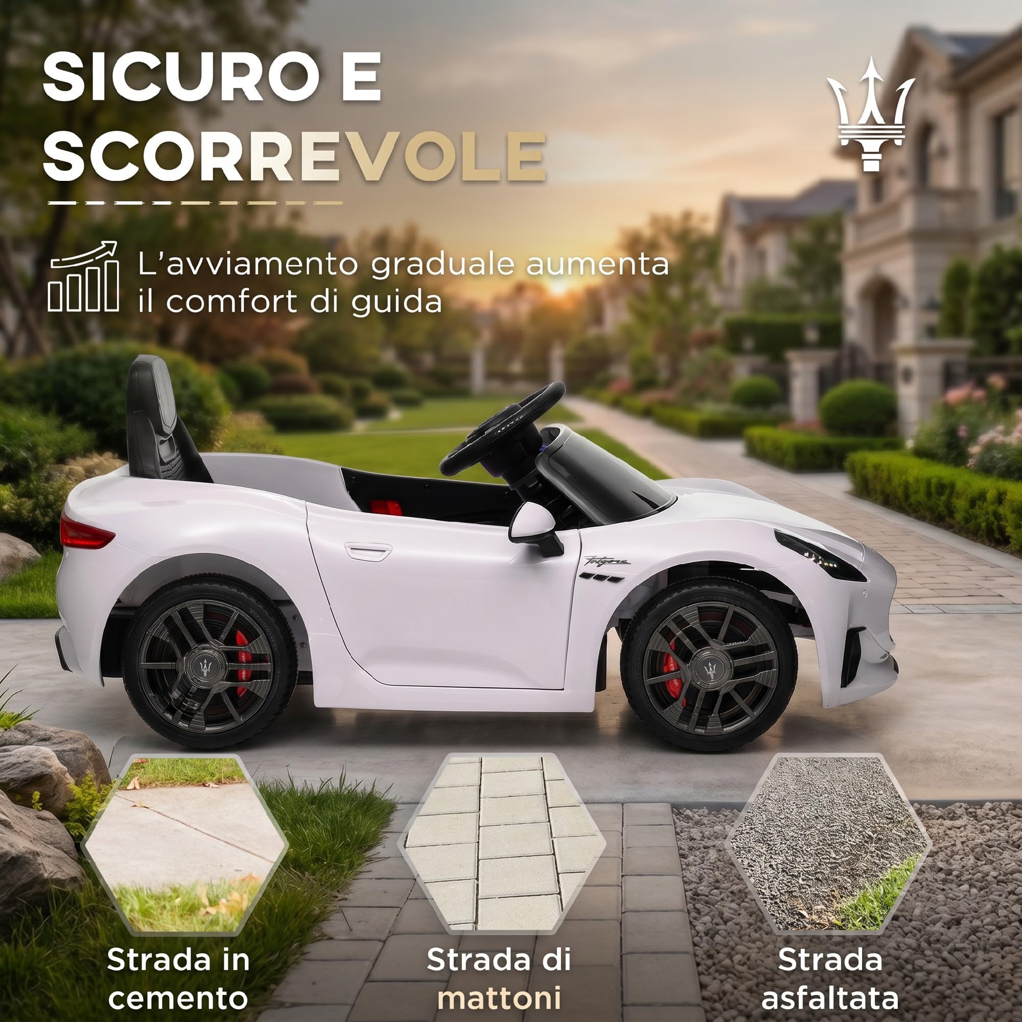 AIYAPLAY Macchina Elettrica per Bambini 3-5 Anni 12V Maserati Bianco | Maserati Gran Turismo Folgore, 3-5 km/h, Auto Elettrica per Bambini, 2 Motori, Telecomando, Cintura, Musica, Clacson, Fari