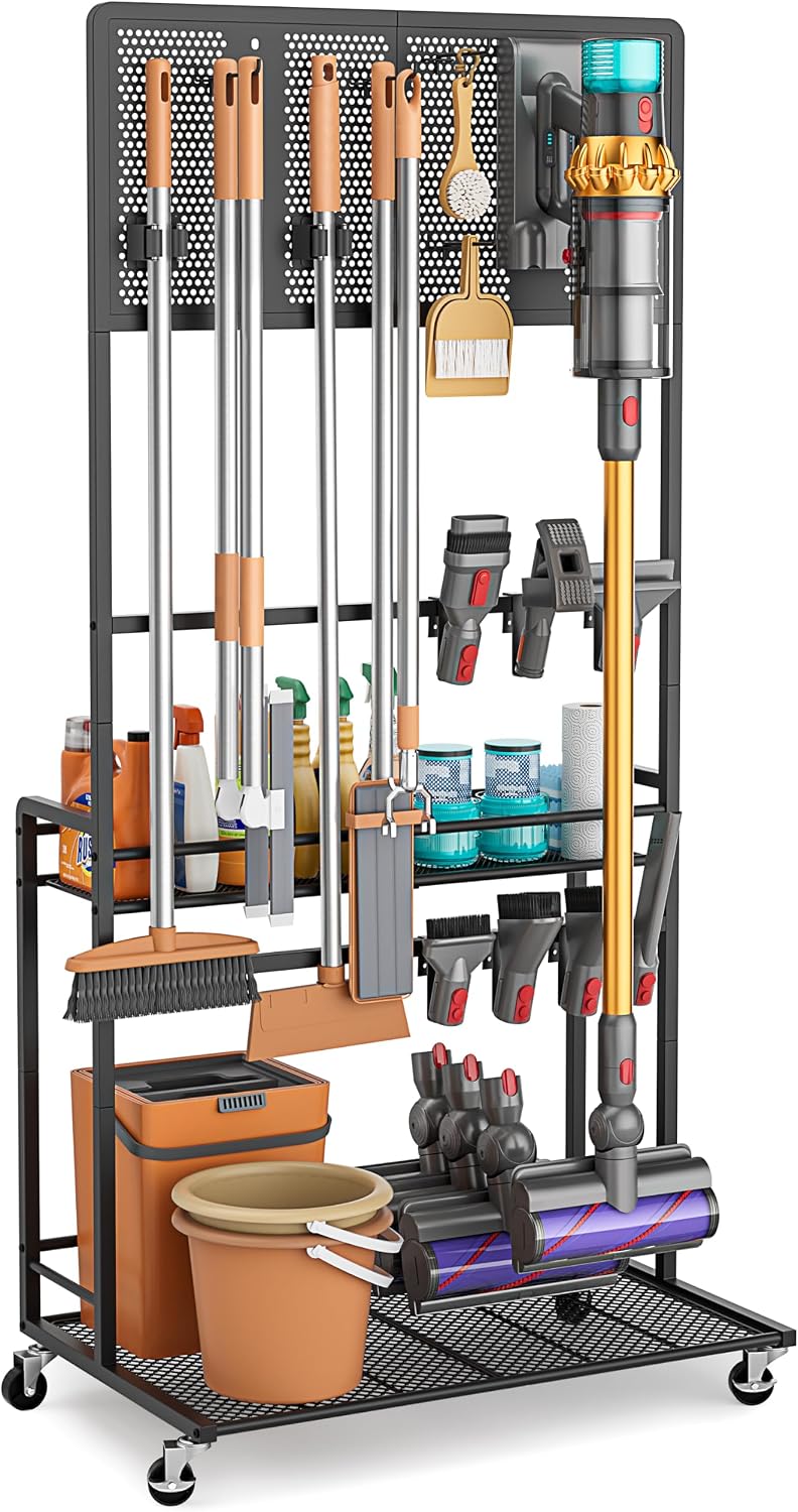 Vacuum Stand for Dyson V15 V12 V11 V10 V8 V7 V6 with Broom Holder and Cleaning Supplies Organizer, Standing Dock with Accessory Holder and Mop Gripper Hooks Caddy, Broom Closet Storage Laundry Room Cart