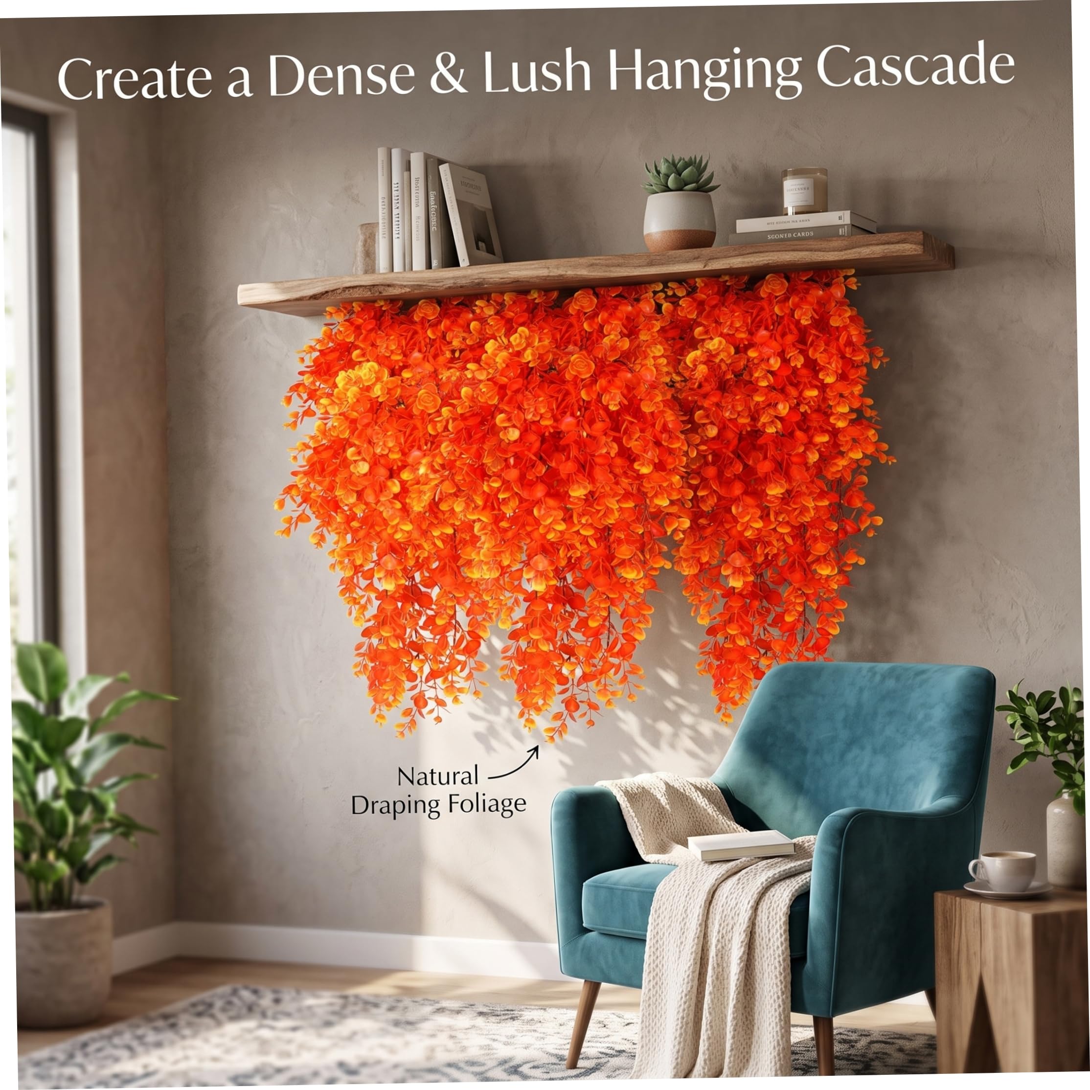 Piante pensili 6 pezzi rampicanti artificiali arancioni | Stile a cascata densa, in plastica, per Halloween e spazi gotici interni/esterni