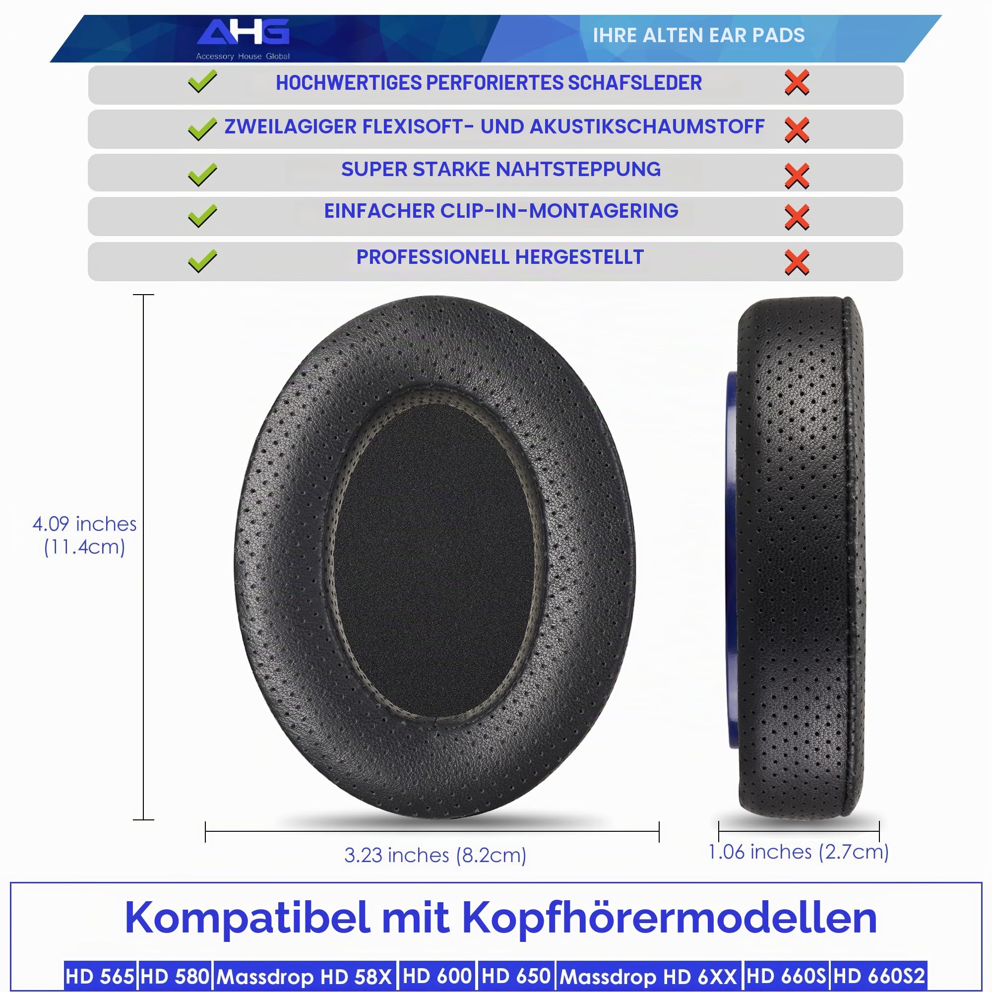 AHG Accessory House Global AHG perforiertes Schaffell-Ersatz-Ohrpolster HD 65/ HD 60, kompatibel mit Sennheiser HD 65HD 660S HD 660S2 HD 60Massdrop X HD 6XX HD58X Jubilee HD58 und HD565. Zweischichtig