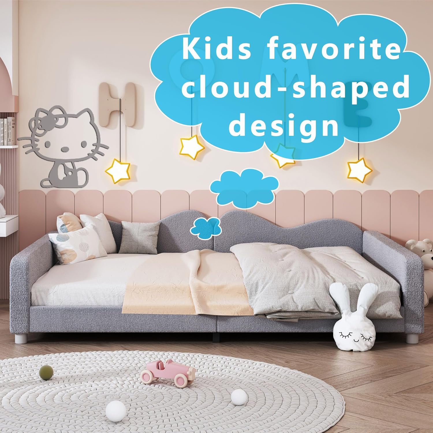 Sherpa Upholstered Daybed, Full Size Day Bed Frame for Kids Girls Boys,Low Profile, Soft Armrest, Cloud-Shaped Backrest (Grey, Full)