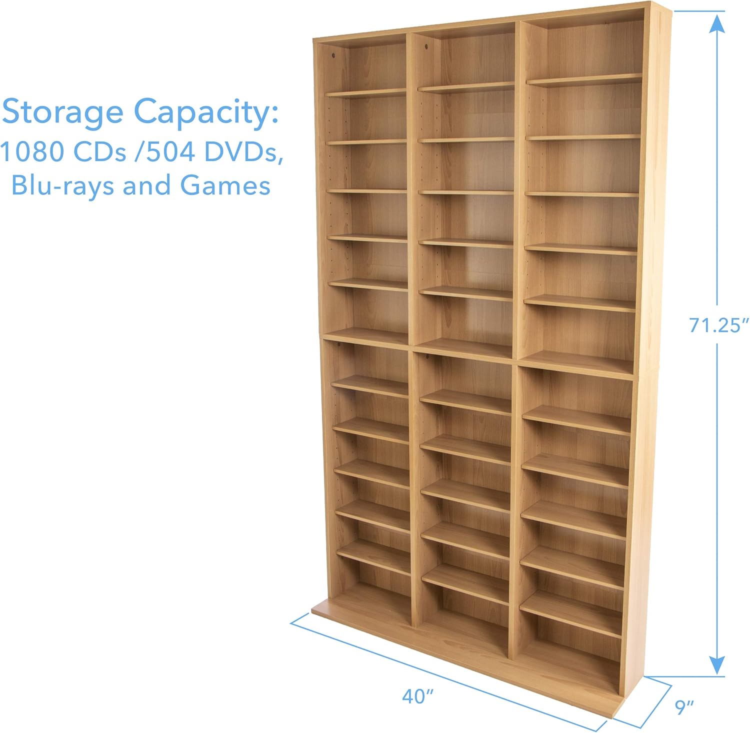 Atlantic Oskar Adjustable Media Cabinet - Holds 1080 CDs, 504 DVDs or 576 Blu-Rays/Games, 30 Adjustable and 6 Fixed Shelves PN38435715 in Maple : Sports & Outdoors