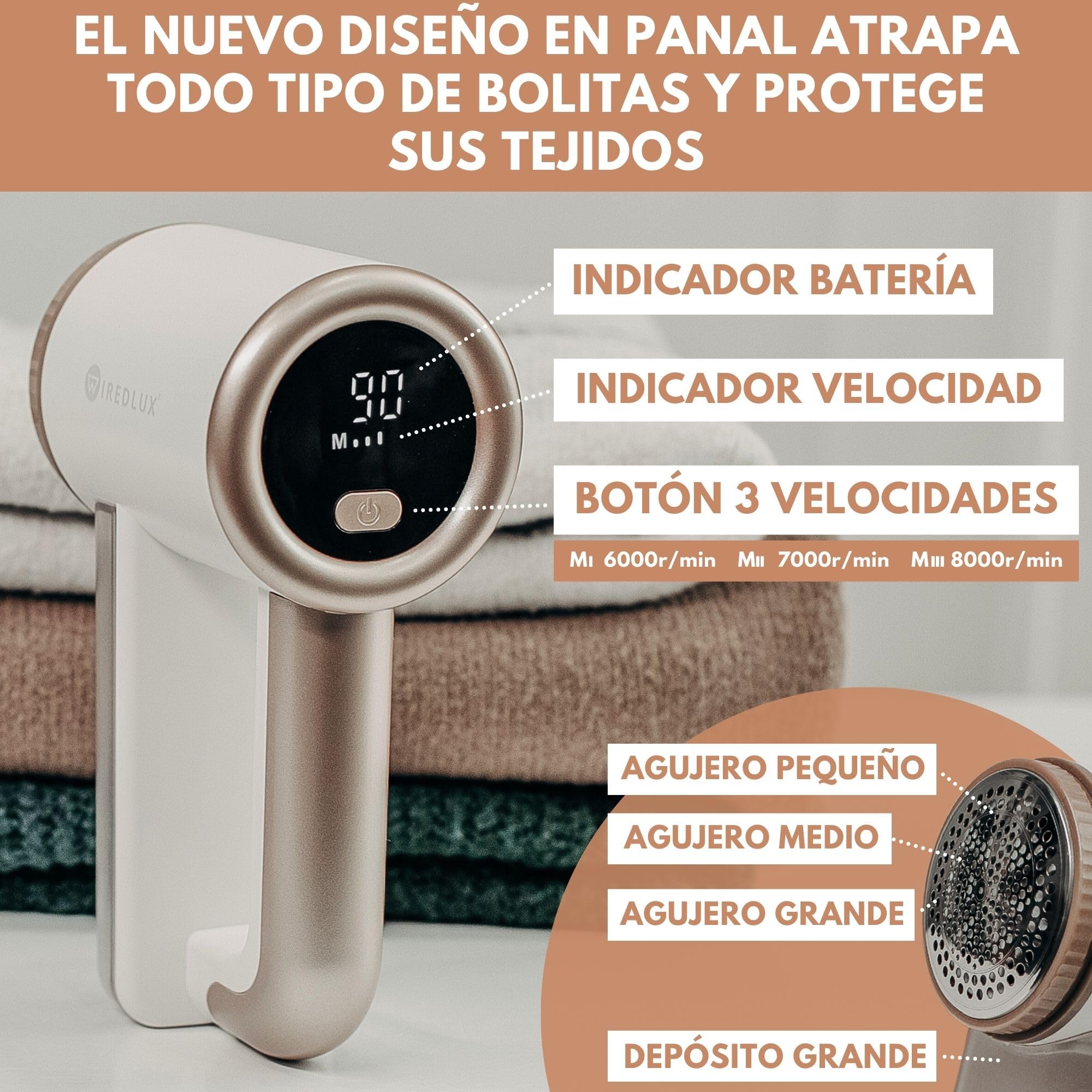 Quitapelusas Eléctrico WiredLux - Quitapelusas Recargable para Ropa y Muebles - 3 Velocidades, Cuchilla de 6 Hojas, Carga por USB - Quita Bolitas de Pelusa con Doble Protección (Blanco)