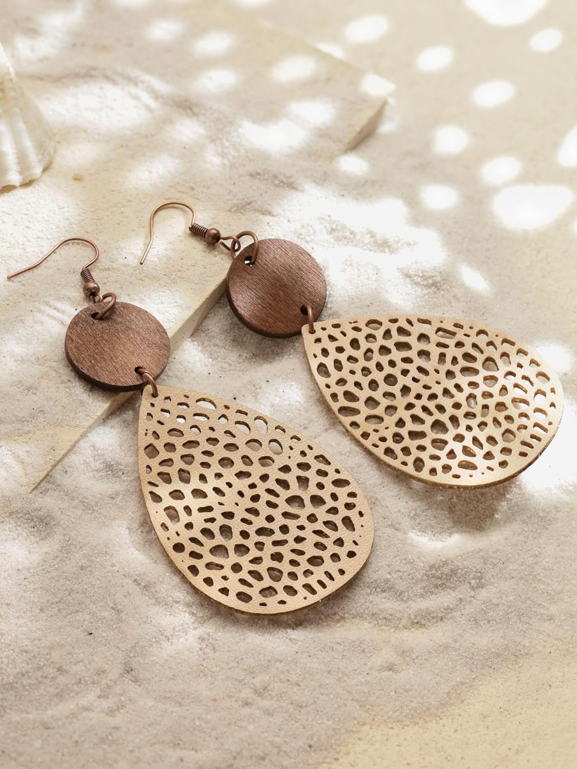 MINACHI Bohemian Hollow Cut-Out Wood Leather Dangle Drop Earrings, Boho Chic Hippie Statement Jewelry Gift for Women - Image 3