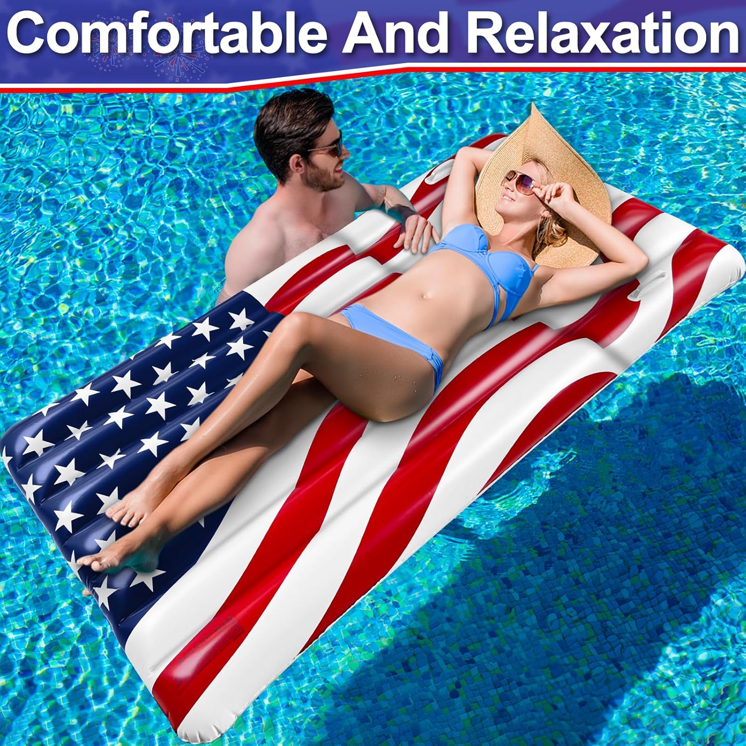 72" Inflatable American Flag Pool Floats Adults, Inflatable Tanning Pool Raft with Patriotic US Stars Cool Water Swimming Pool Floaties Lake Lounger Pool Float for Adults 250th Anniversary 4th of July