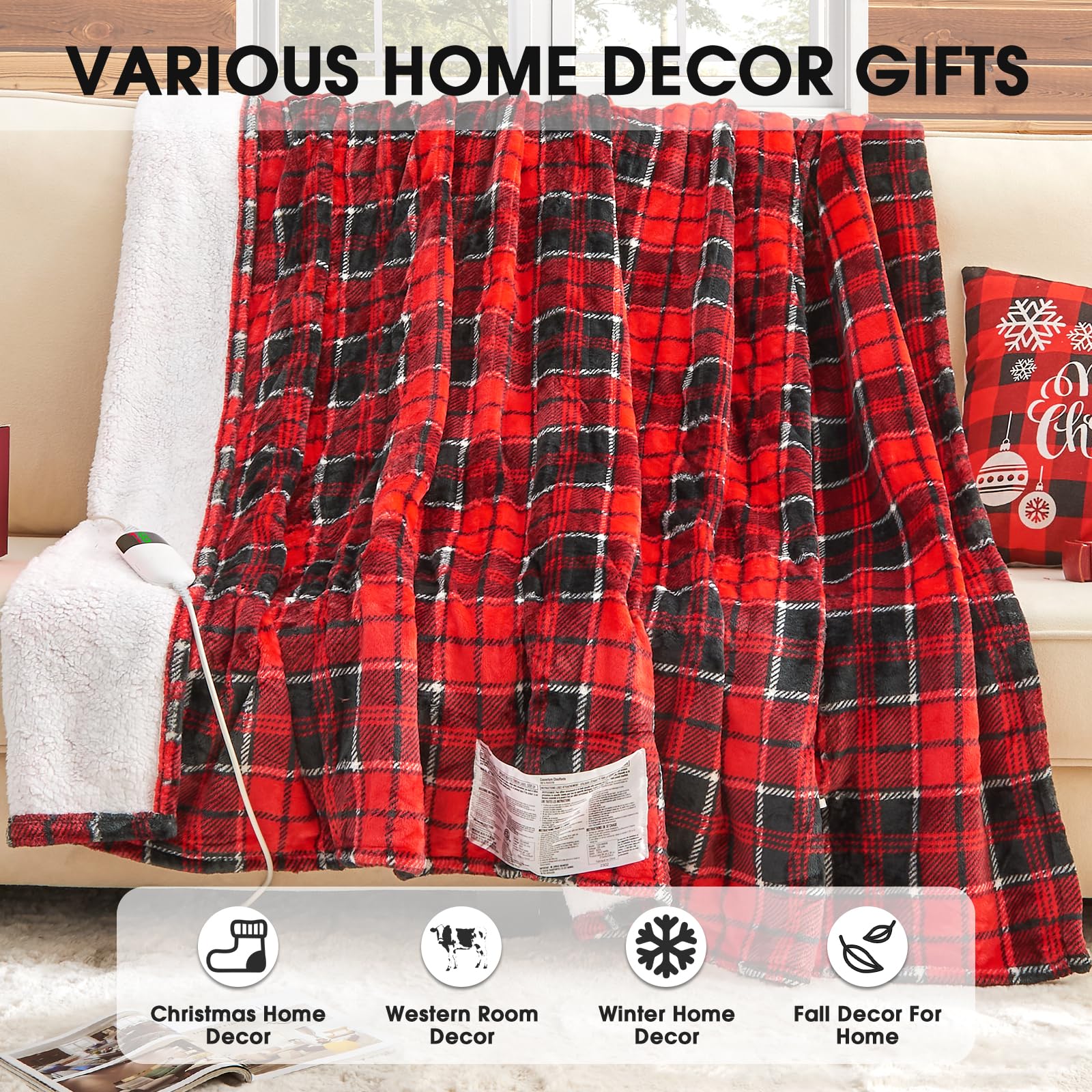 cobija eléctrica con calefacción, 50 x 60 pulgadas, manta térmica de Navidad con 10 niveles de calefacción y 8 horas de apagado automático, manta Sherpa a cuadros rojos para adultos, sofá, cama, uso
