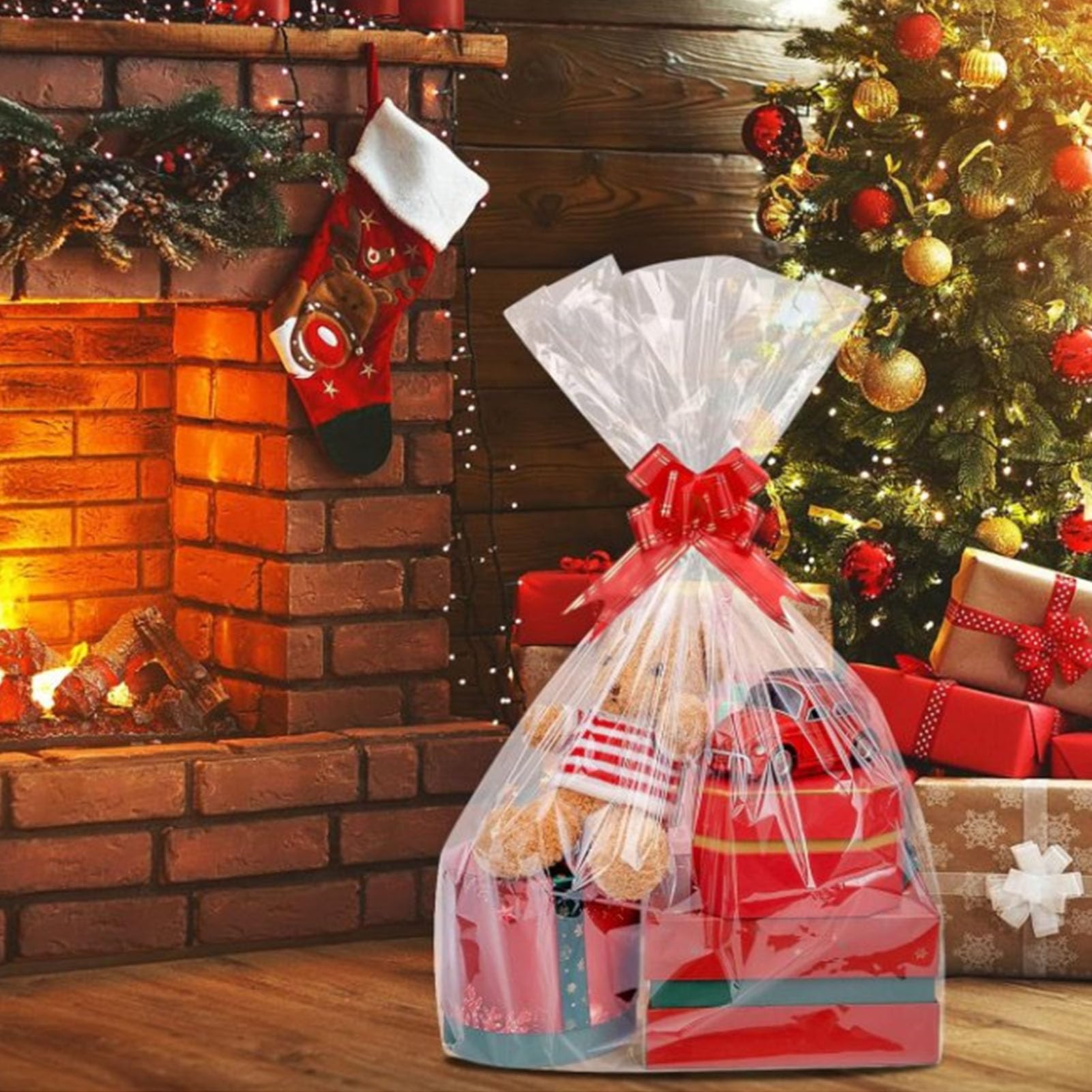 100 szt. Przezroczystych torebek na prezenty spożywcze z piękną wstążką, 60x75 cm, idealne na prezenty świąteczne, lalki i przekąski