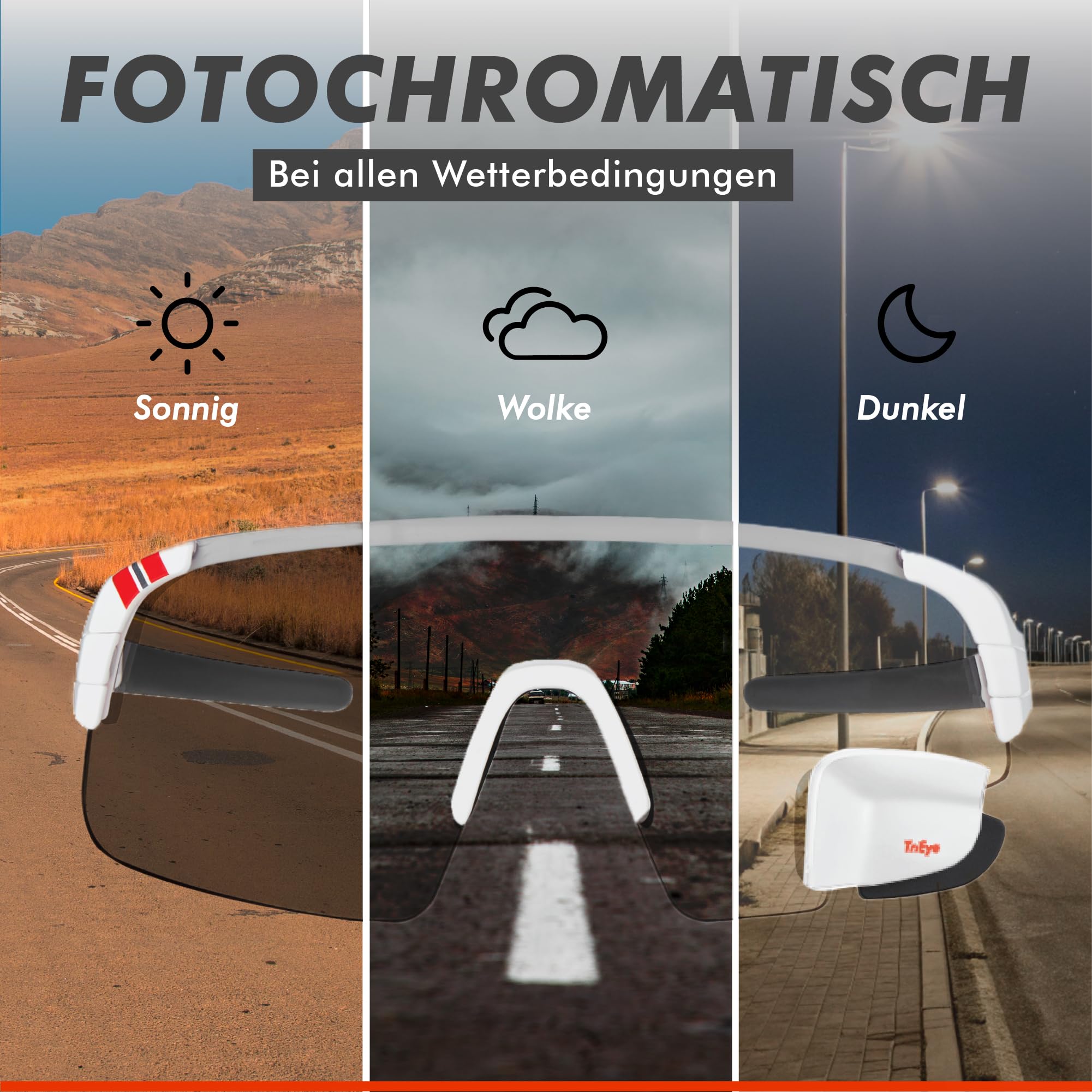 TriEye Fahrradbrille Mit Rückspiegel Links – Selbsttönende Sportbrille Für Herren & Damen – Winddicht & UV400 Schutz – Rennradbrille Für Straße & Pendler – Fahrrad Zubehör
