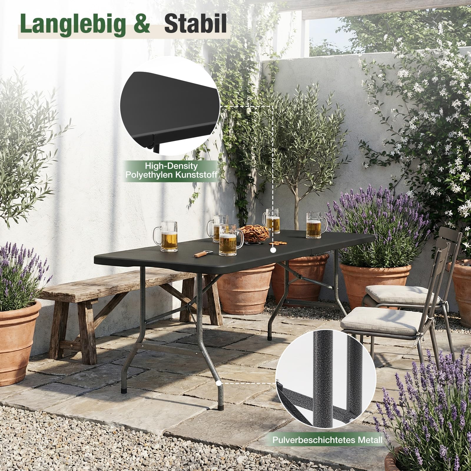 Sekey Gartentisch Klappbar Wetterfest | Klapptisch 152x70 cm Tisch Klappbar Kunststoff 6 Personen | Campingtisch Balkontisch Buffettisch Partytisch mit Tragegriff, Schwarz