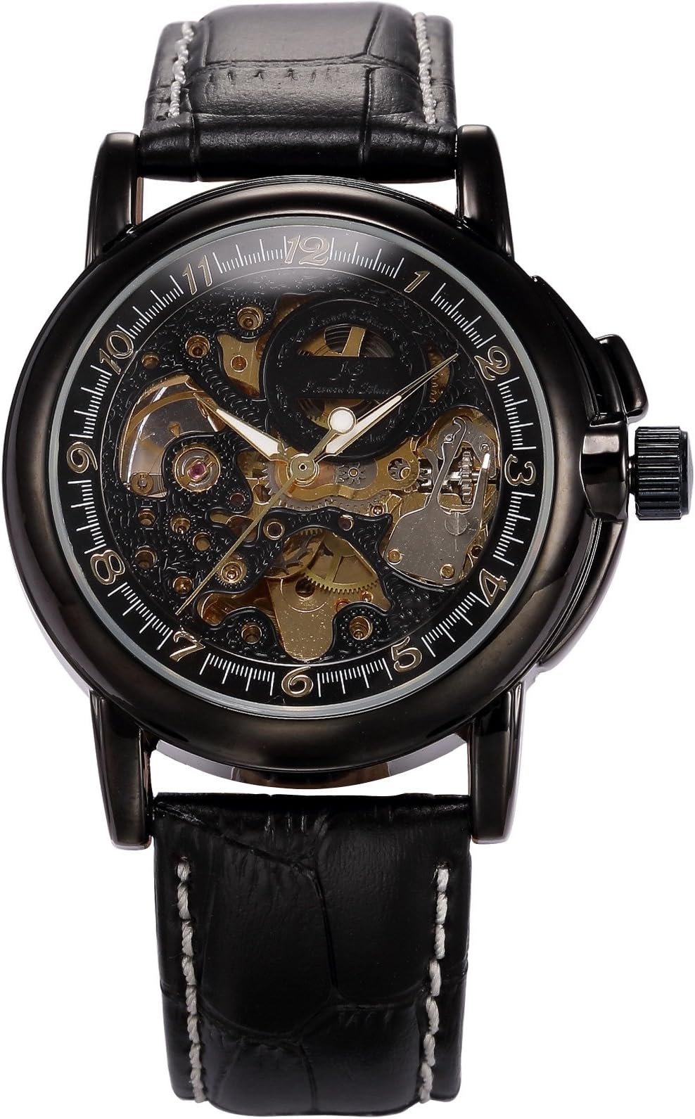 Kronen Soehne Genuine Leather Black Round Man Mens Analog Mechanical Automatic Wrist Watch
