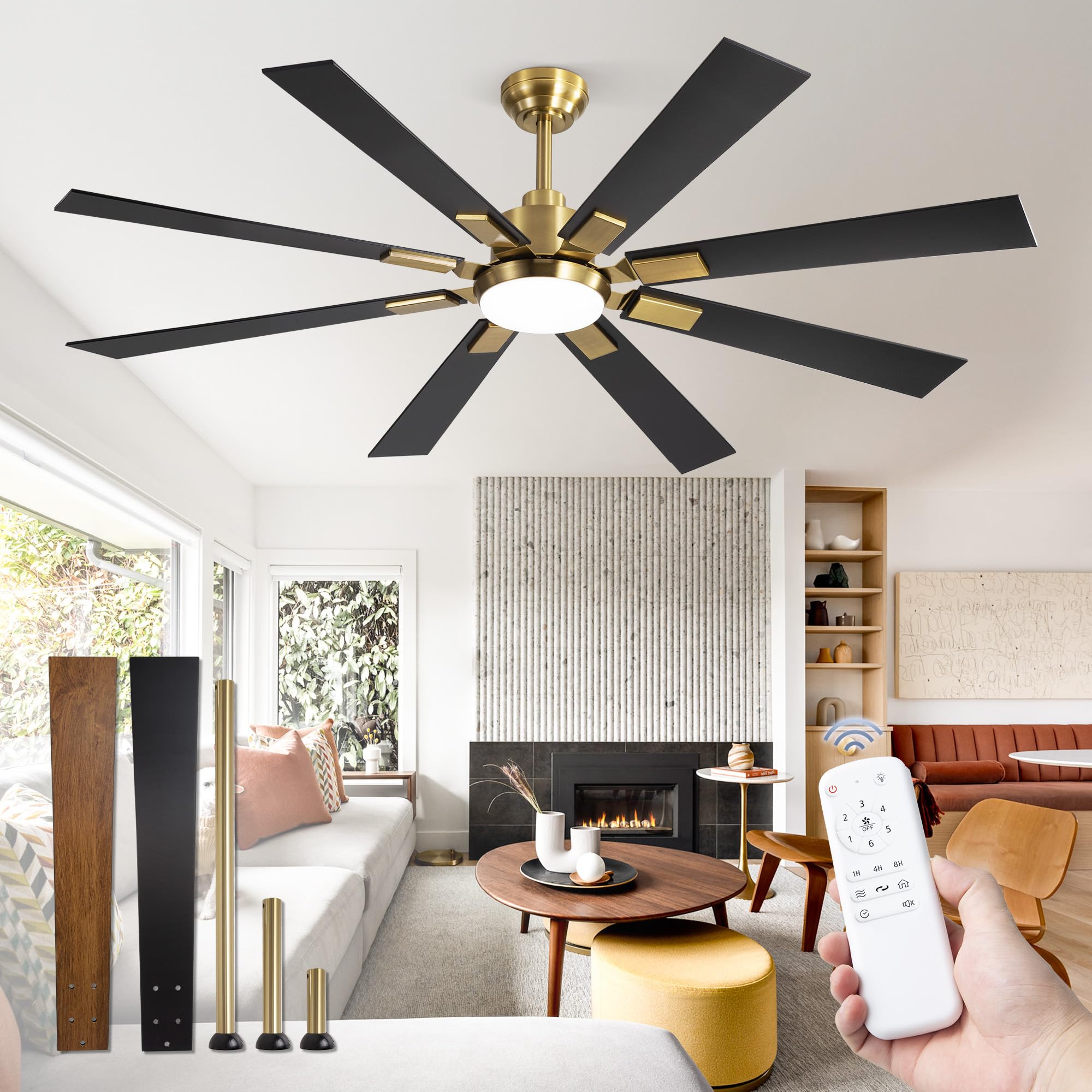 ZMISHIBO 62” Mid Century Ceiling Fan with Light, Remote, Black and Gold