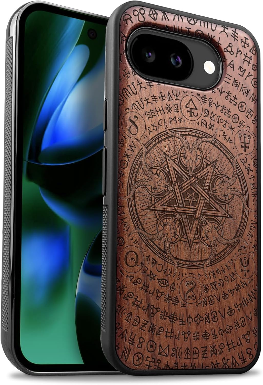Carveit Magnetic Wooden Case for Google Pixel 10a Case, Wood Artisan Engraved & Soft TPU Shockproof Cover, Compatible with MagSafe Wireless Chargers (Viper Pentagram Design) Blackwood