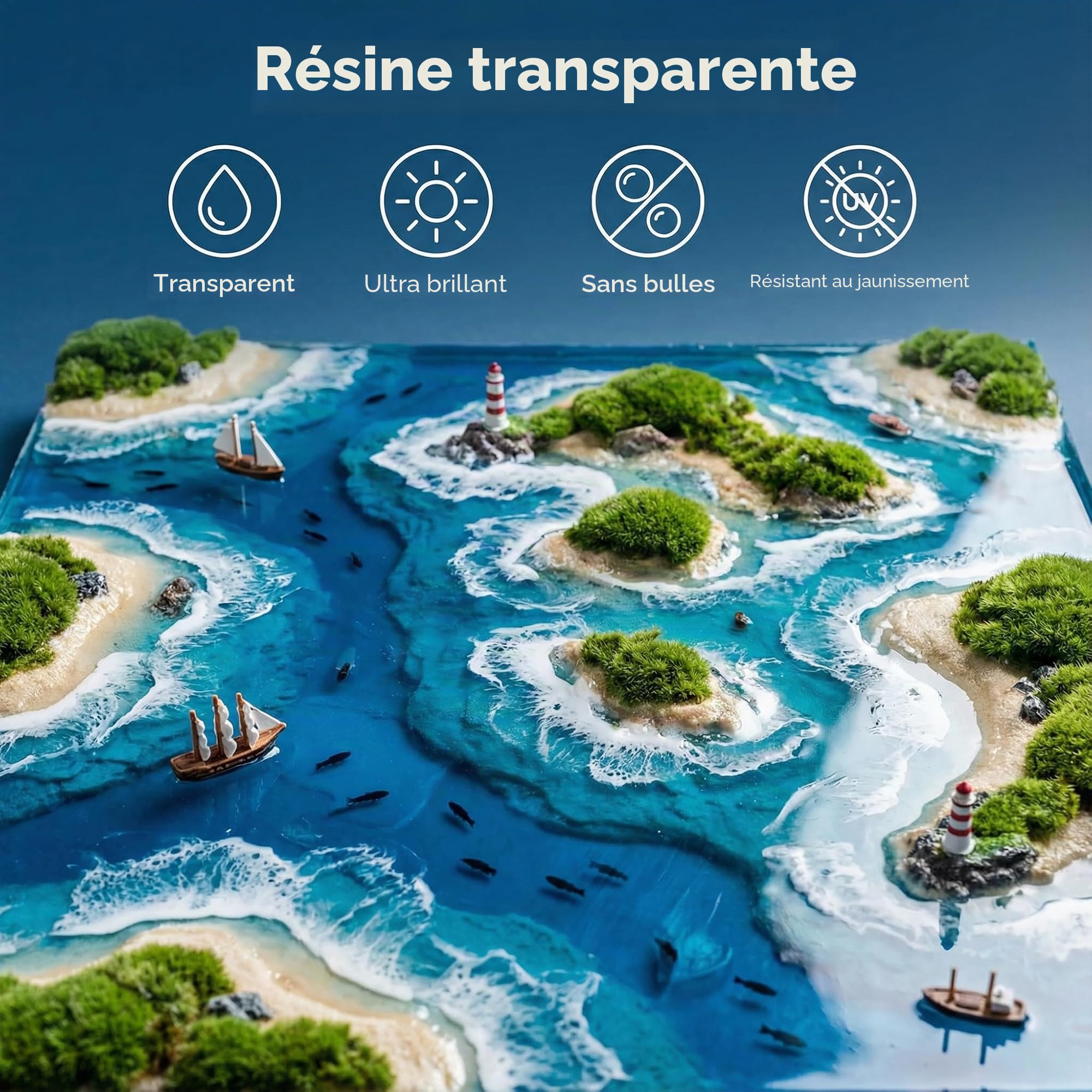 Resiners Kit de départ époxy 1L transparente cristal, haut brillant, non jaunissant, sans bulles. Inclut moules, décalcomanies. Idéal pour moulage, bijoux, revêtement bois, artisanat