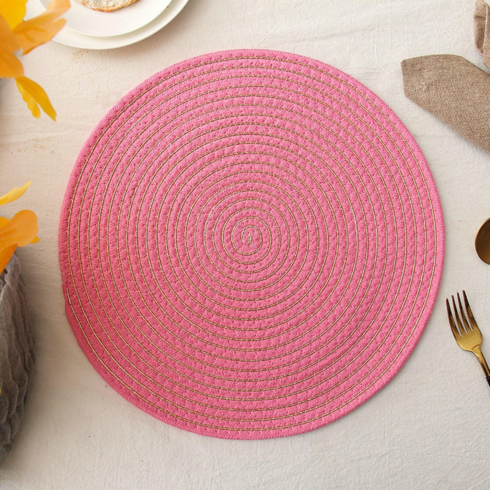 Set de table fil de coton tressé rose-or, dessous de plat rond 38cm scandinave