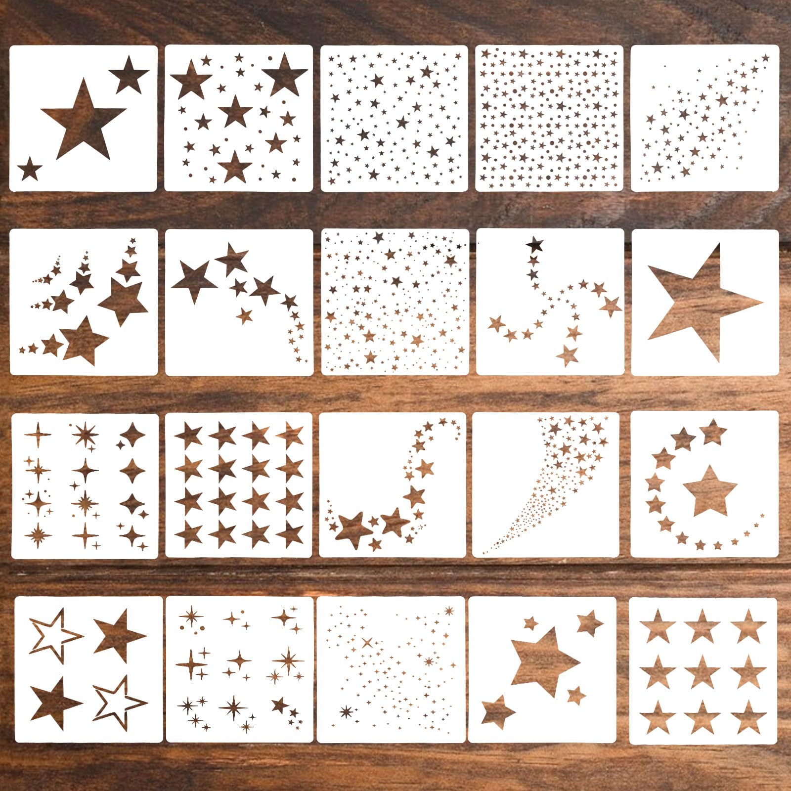 Matwsec 20 Pcs Star Stencils, Reusable Stencils for Crafts, Small Star Stencil for Painting, Crafts, DIY Art & Home Decor on Wood, Paper, Fabric, Walls, Furniture (5.08x5.08in)
