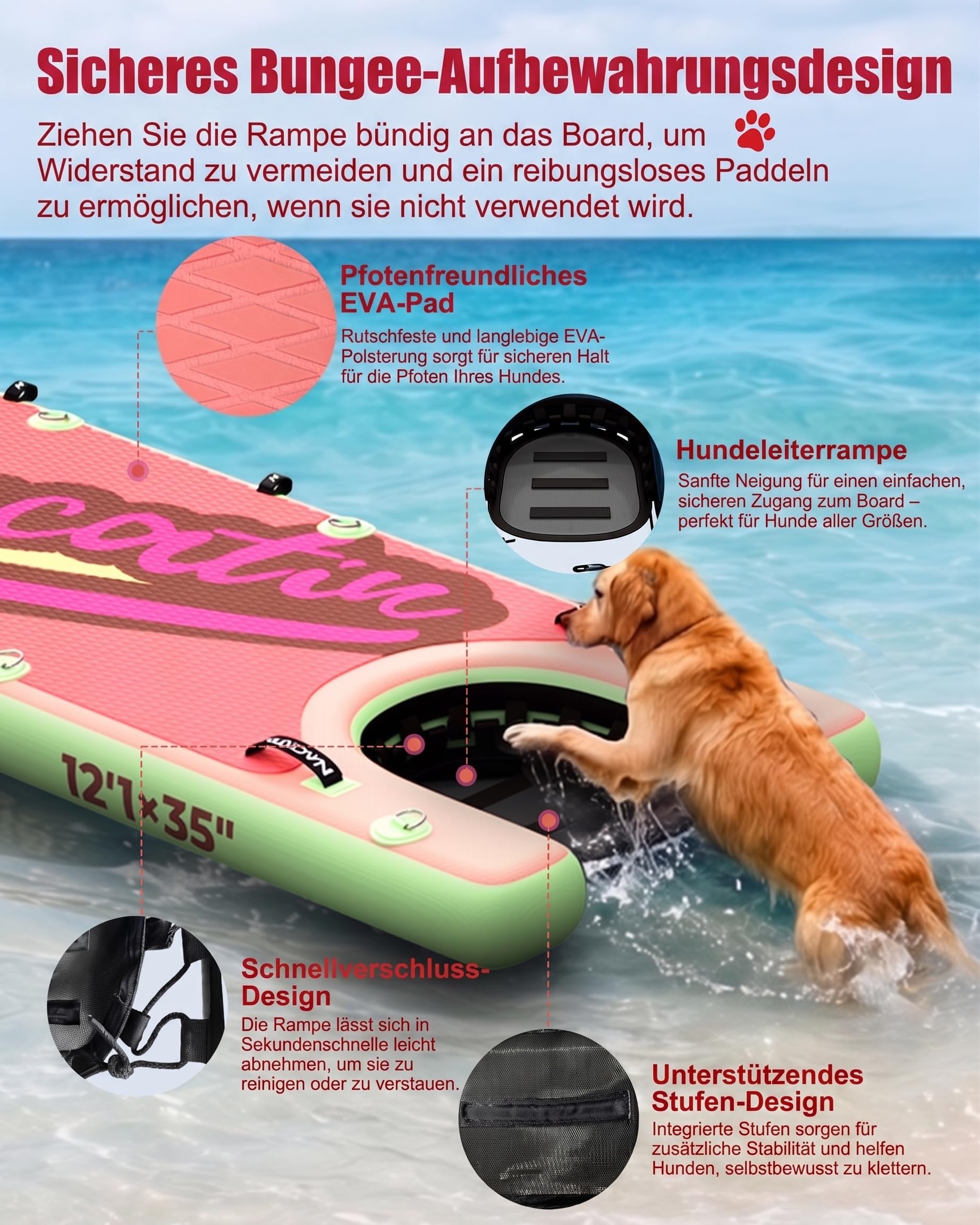 NACATIN 366cm (12ft) aufblasbares SUP Board mit Hunderampe, breites 91cm (36in) Stand Up Paddling Board mit rutschfestem Deck für Hunde & Familie, mit Einzel-/Doppelpaddel, Pumpe, Rucksack