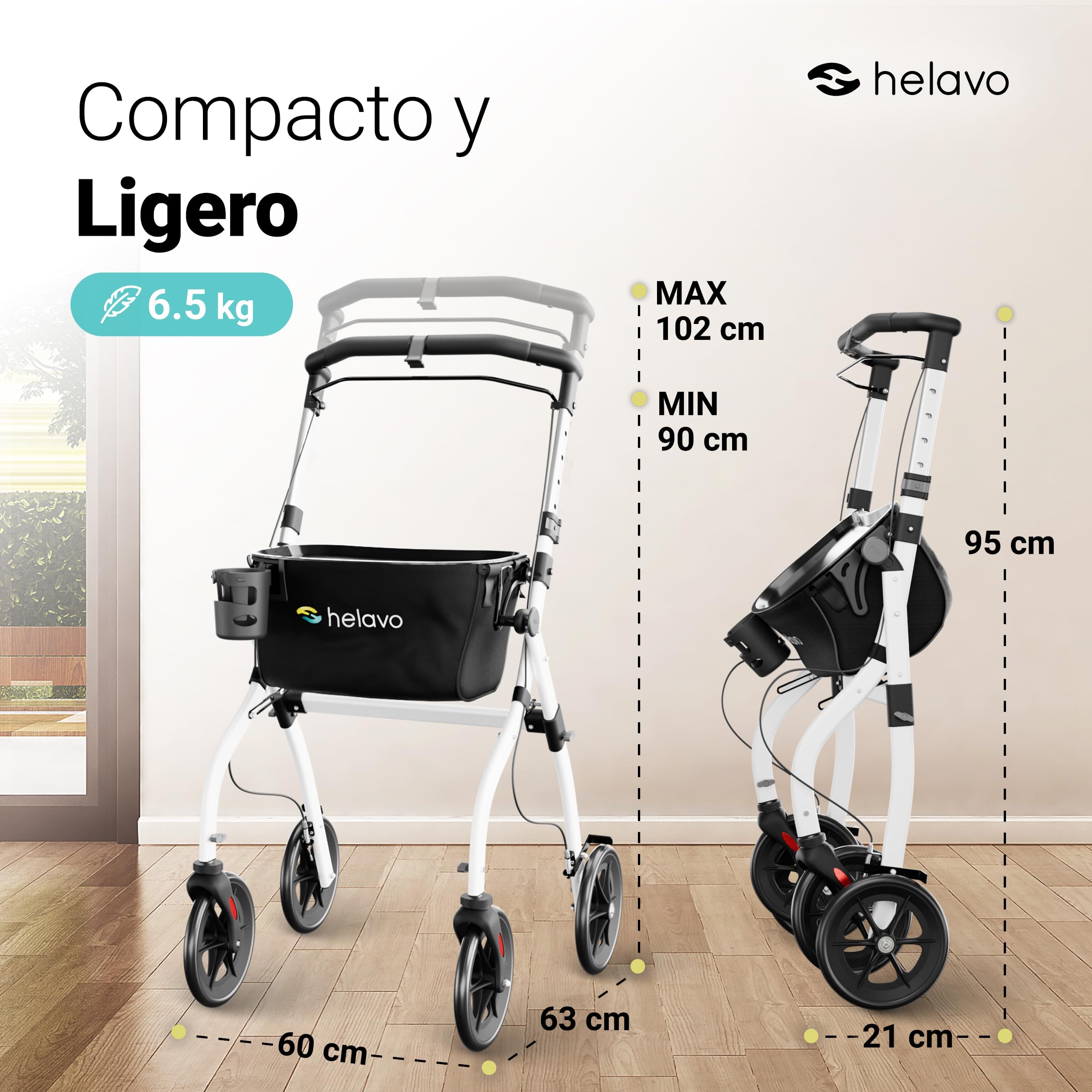 HELAVO Andadores Estrecho y Ligero para Casa - 60 cm de ancho - Andadores para Ancianos con Bandeja