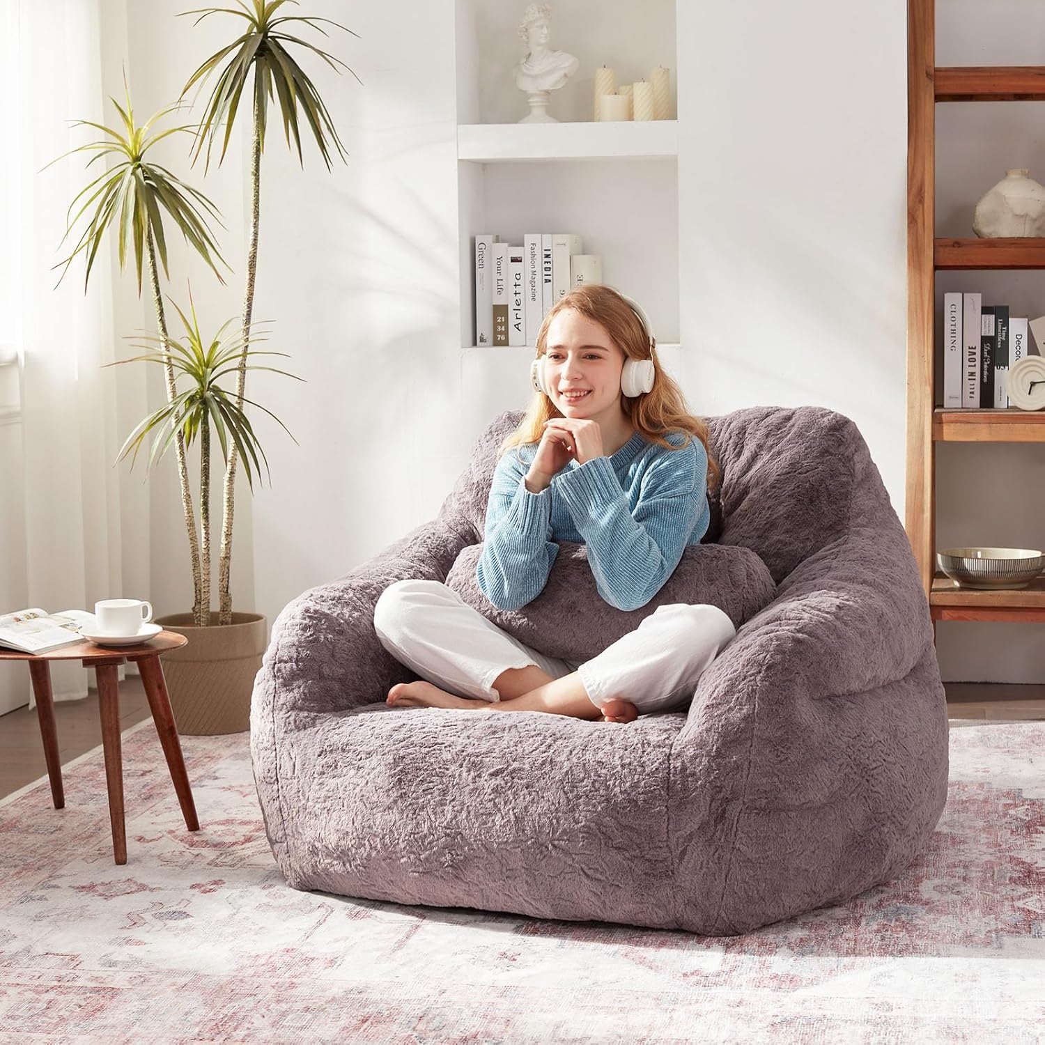 Giant Bean Bag Chairs for Adults with Filling Comfy Large Bean Bag Sofa Chair with Armrest Plush Soft BeanBag Lazy Couch Sofa Chairs Lounge Chairs Indoor with Pillow for Bedroom Living Room